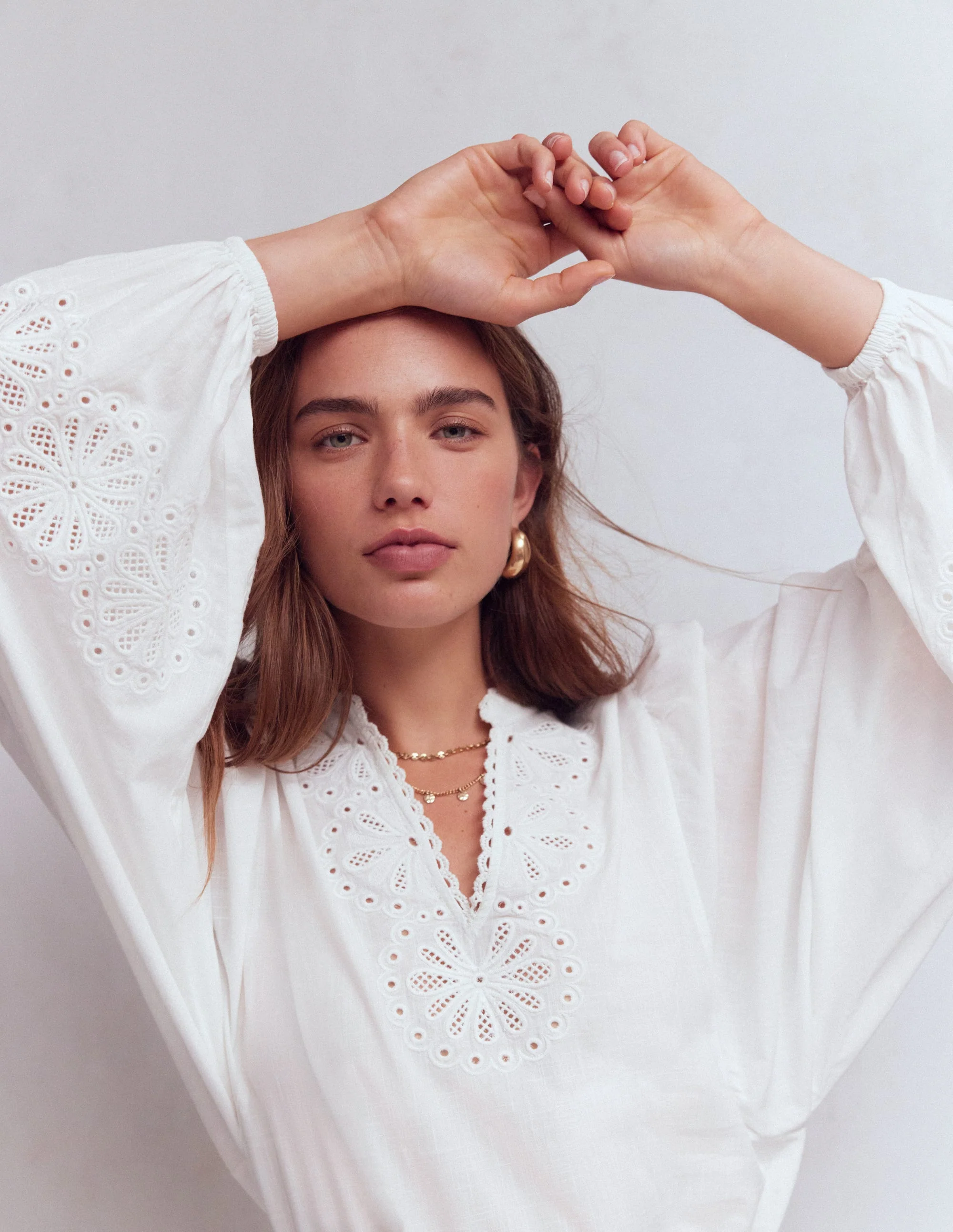 Embroidered Notch Neck Top-White - Image 5