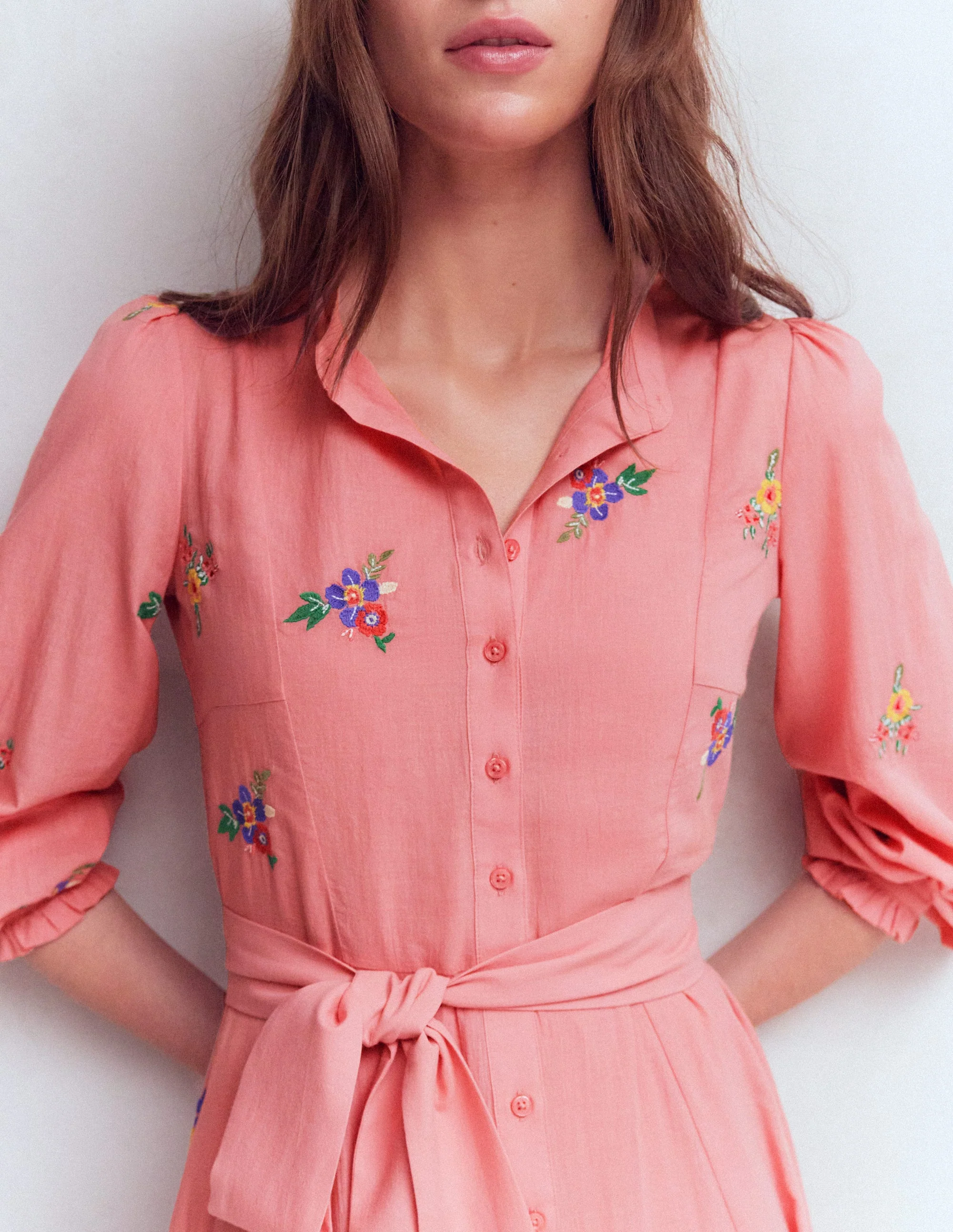 Embroidered Shirt Dress-Pink Embroidery - Image 3