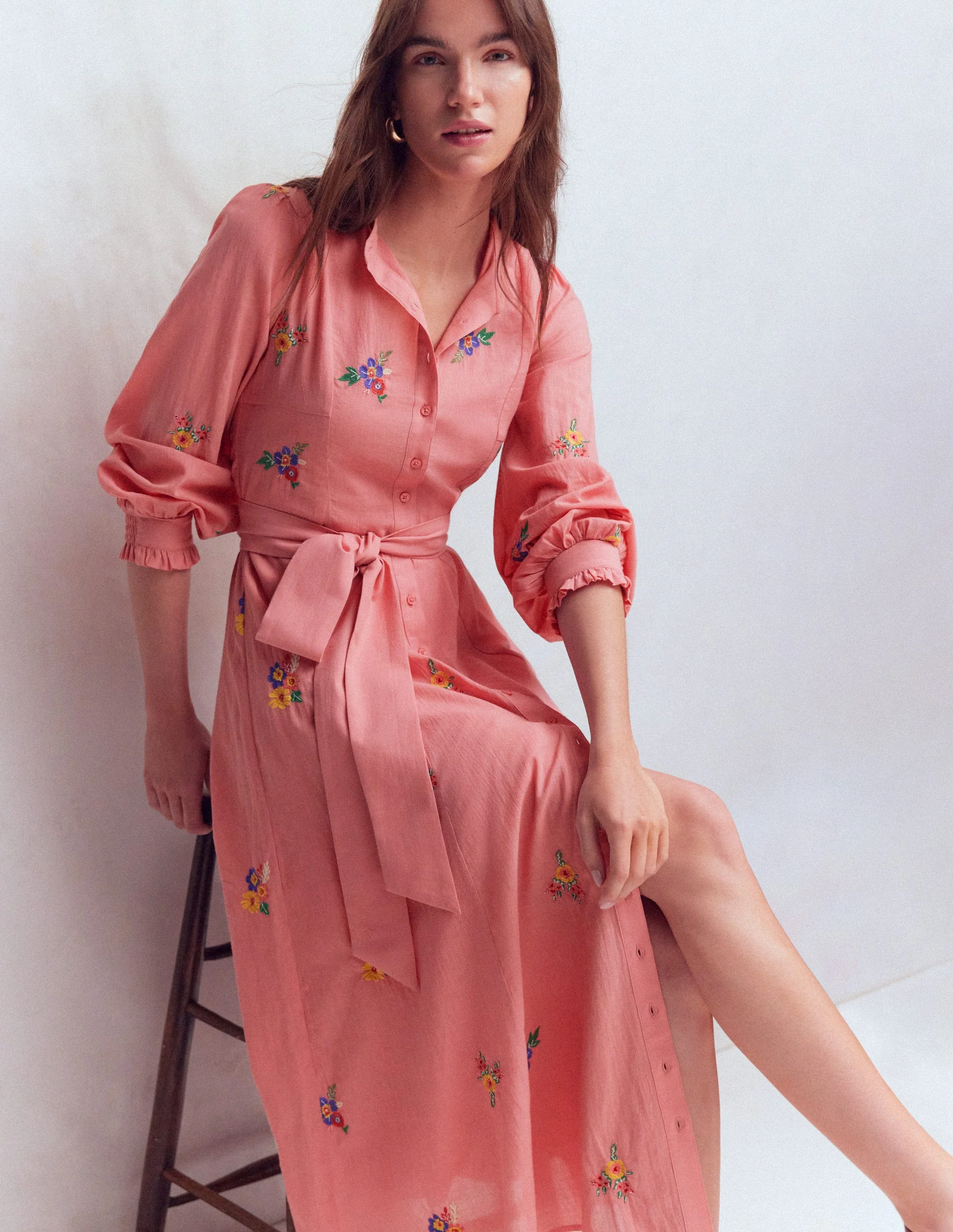 Embroidered Shirt Dress-Pink Embroidery - Image 5