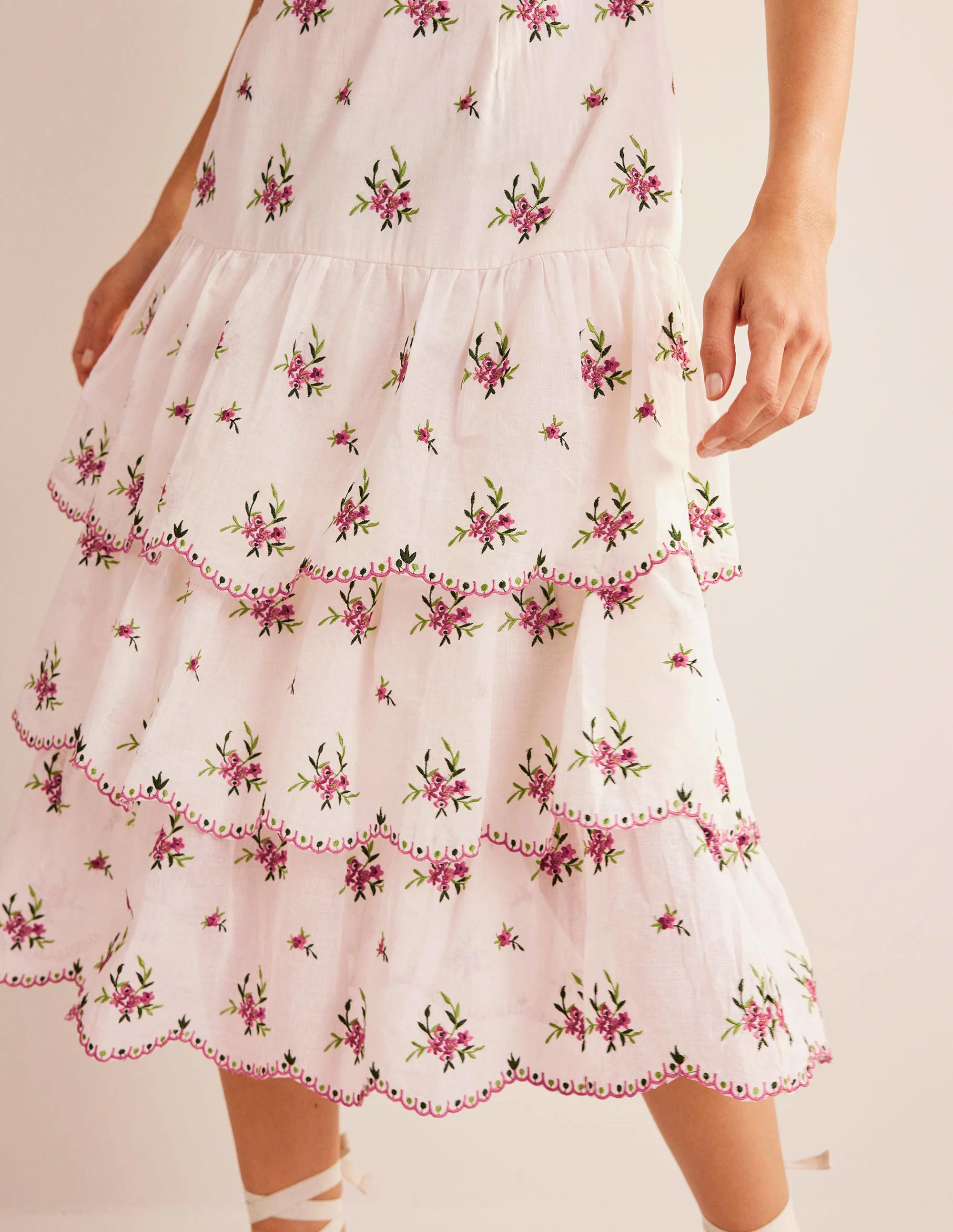 Embroidered Tiered Midi Dress-Ivory - Image 4