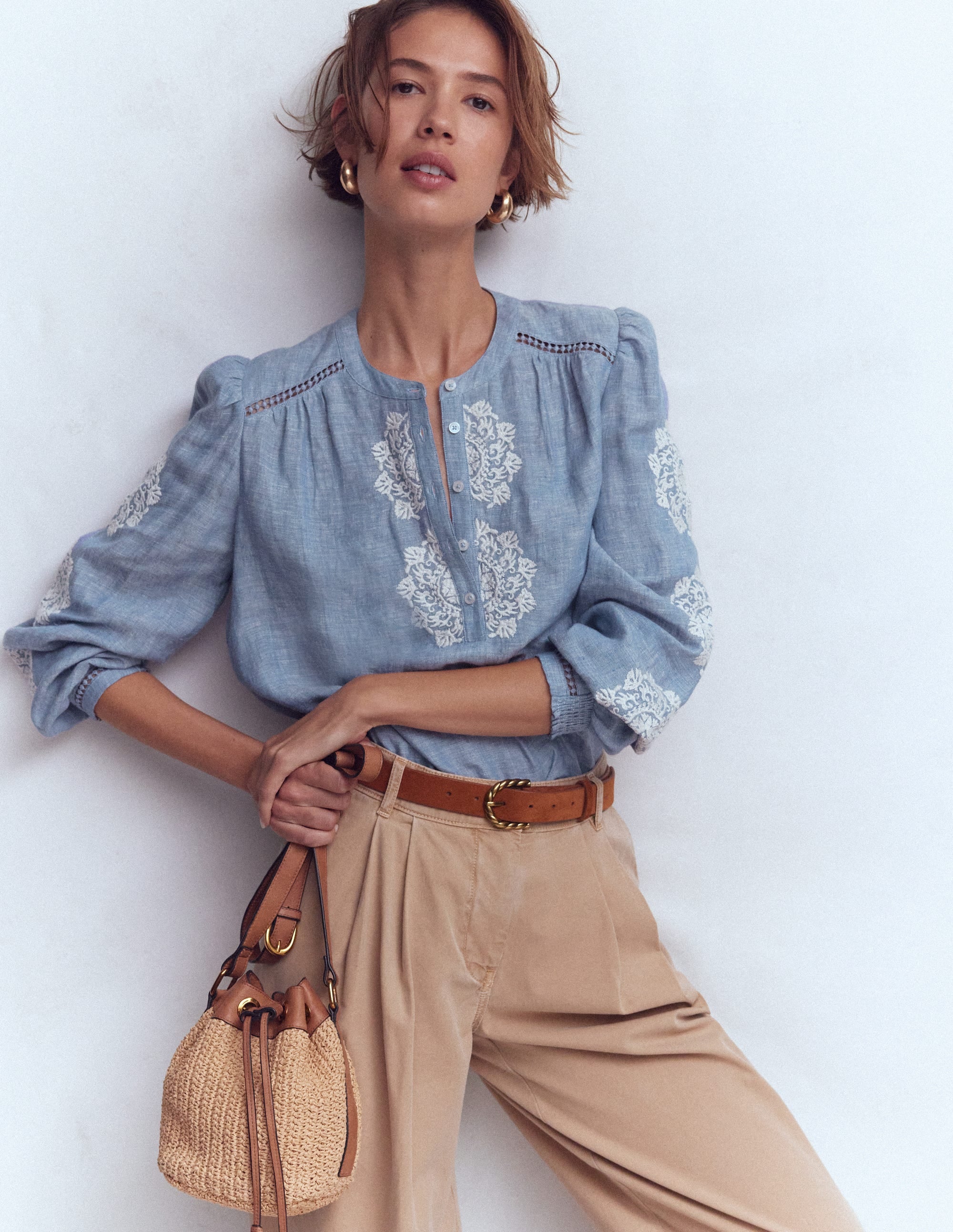 Embroidered Trim Interest Top-Chambray - Image 4