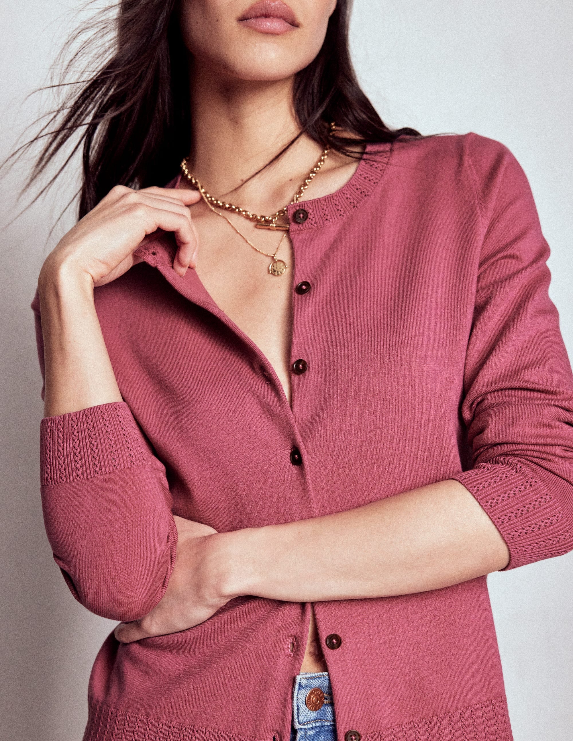 Emilia Cotton Crew Cardigan-Pink Heather - Image 2