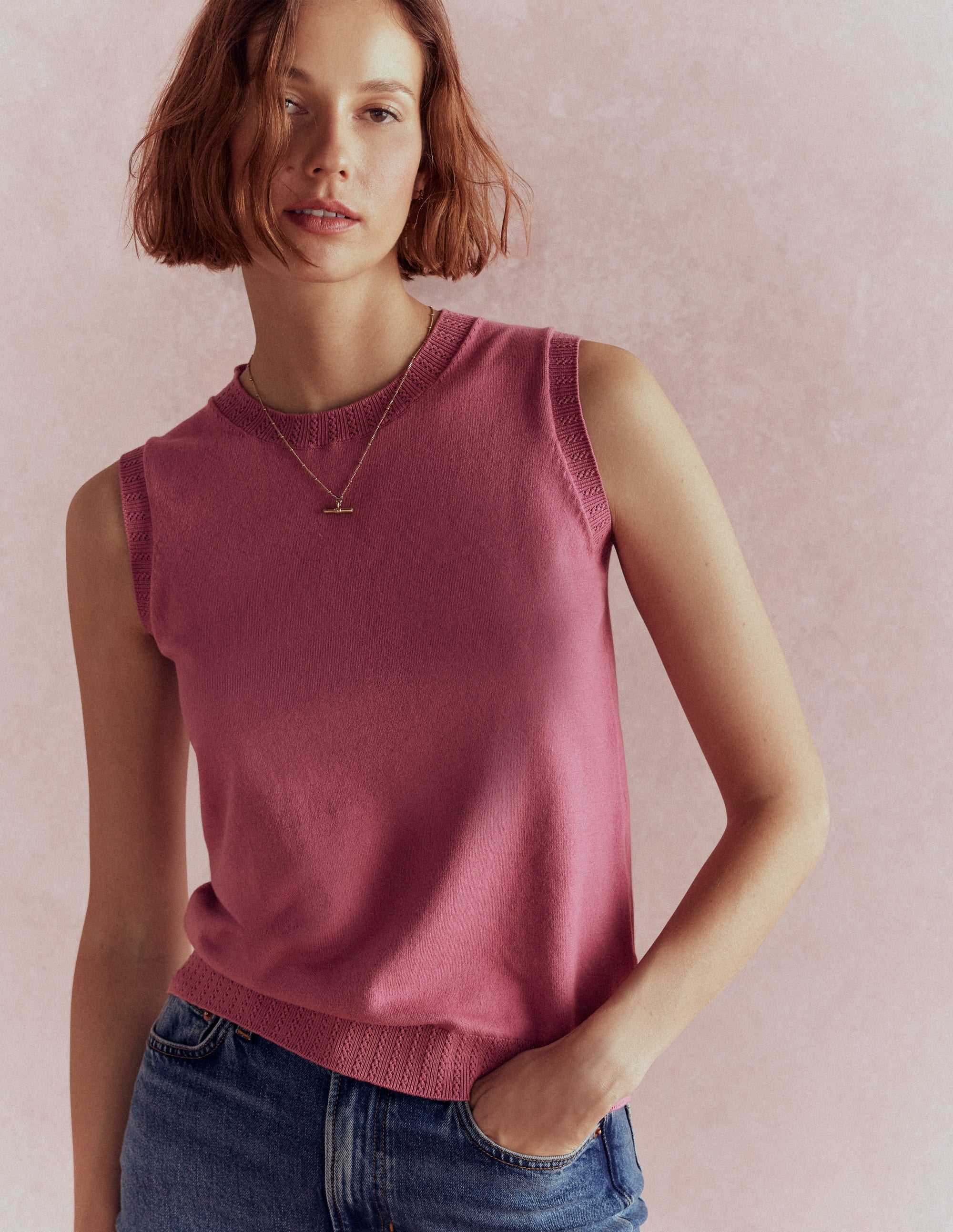 Emilia Cotton Crew Neck Vest-Pink Heather