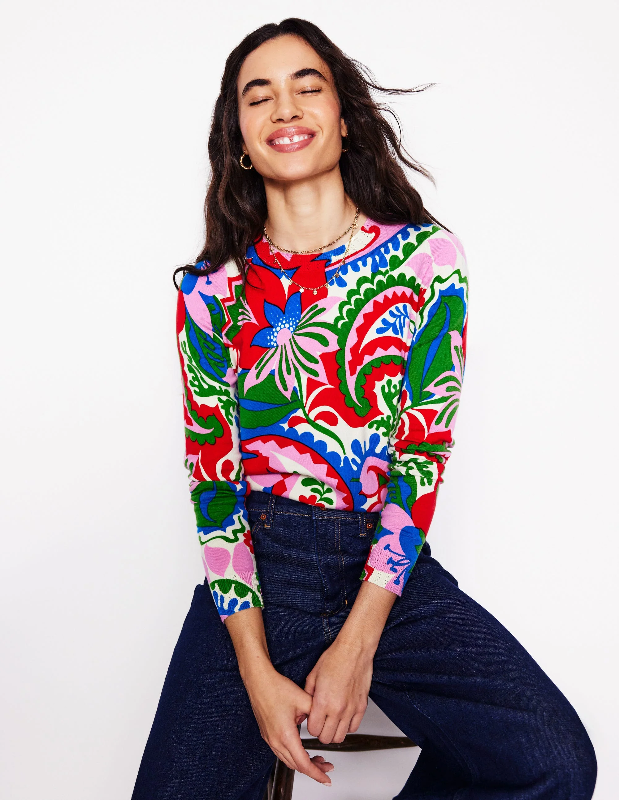 Emilia Cotton Crew Sweater-Multi, Botanical Paisley