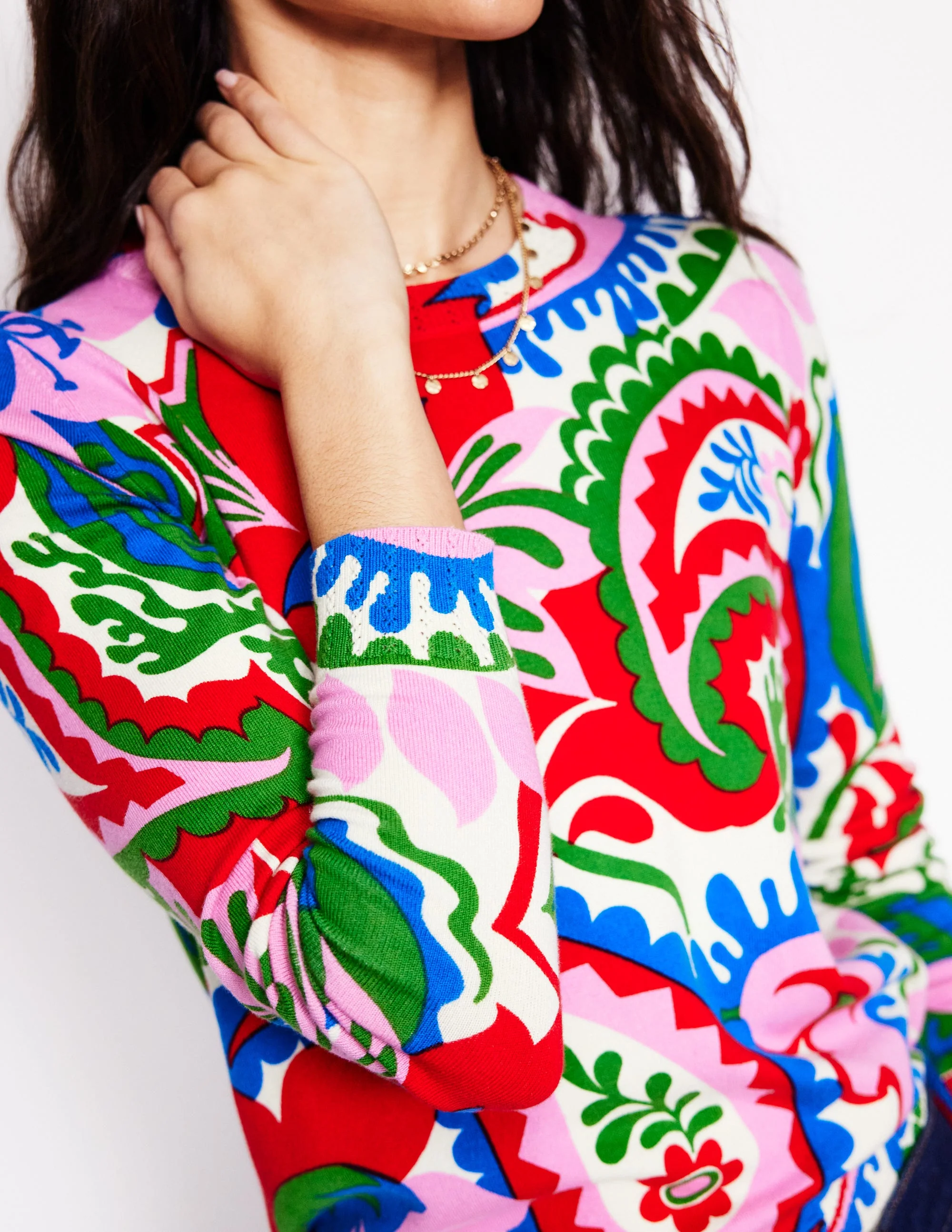 Emilia Cotton Crew Sweater-Multi, Botanical Paisley - Image 2