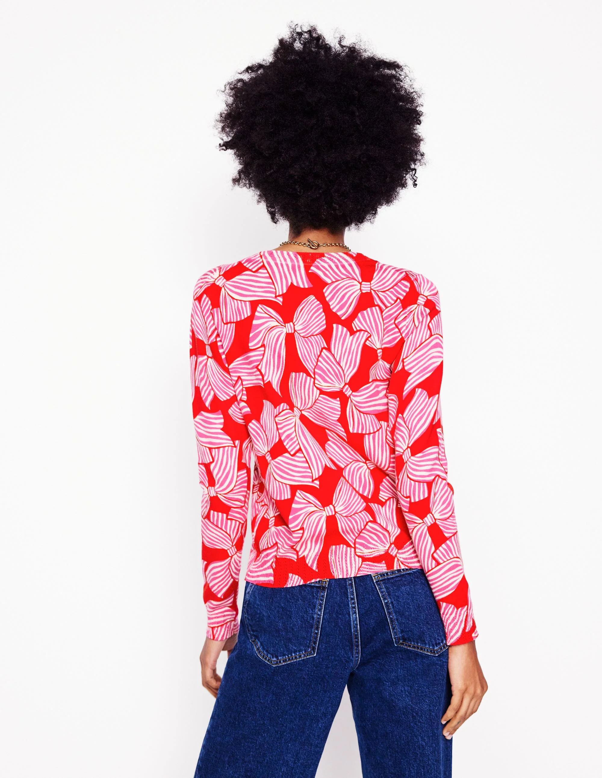 Emilia Cotton Crew Sweater-Poppy Red, Bow Scatter - Image 2