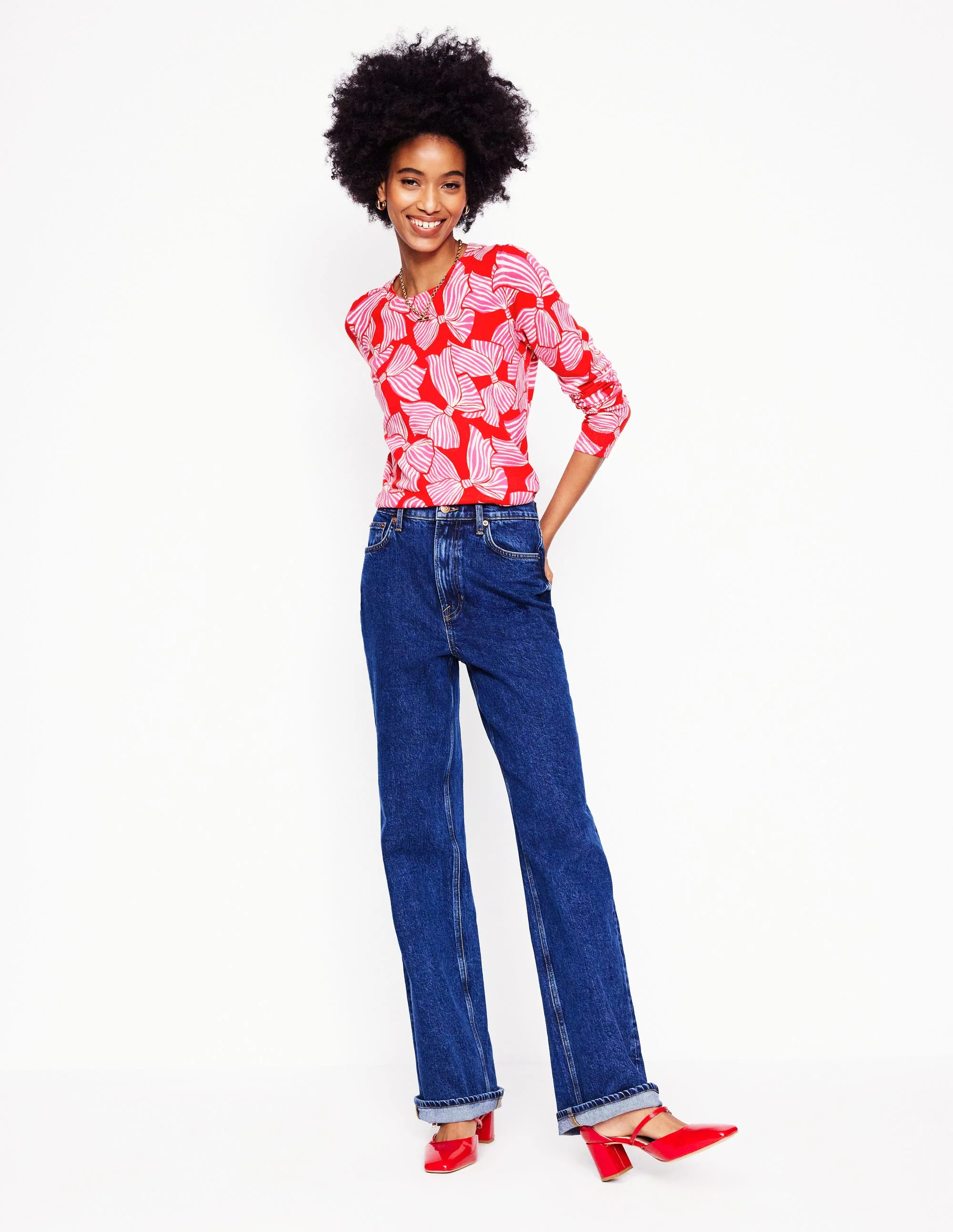 Emilia Cotton Crew Sweater-Poppy Red, Bow Scatter - Image 4