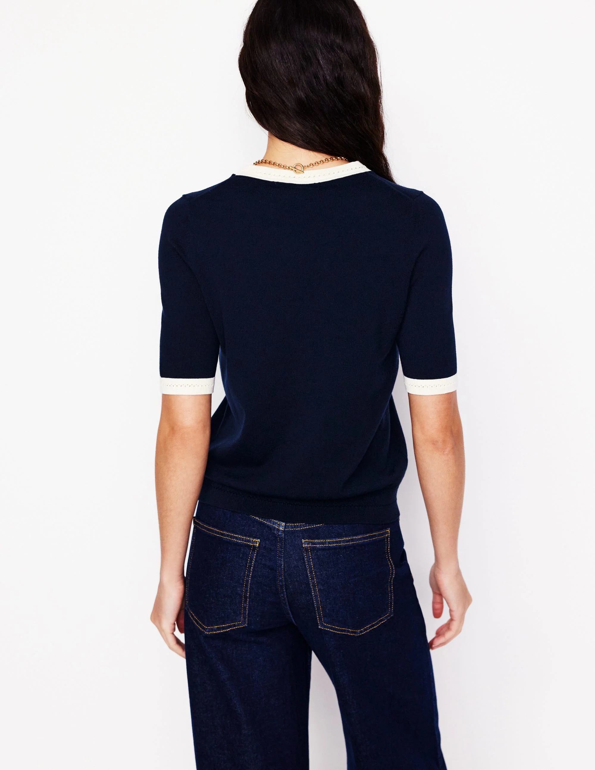 Emilia Cotton Crew T-shirt-Navy, Warm Ivory - Image 3