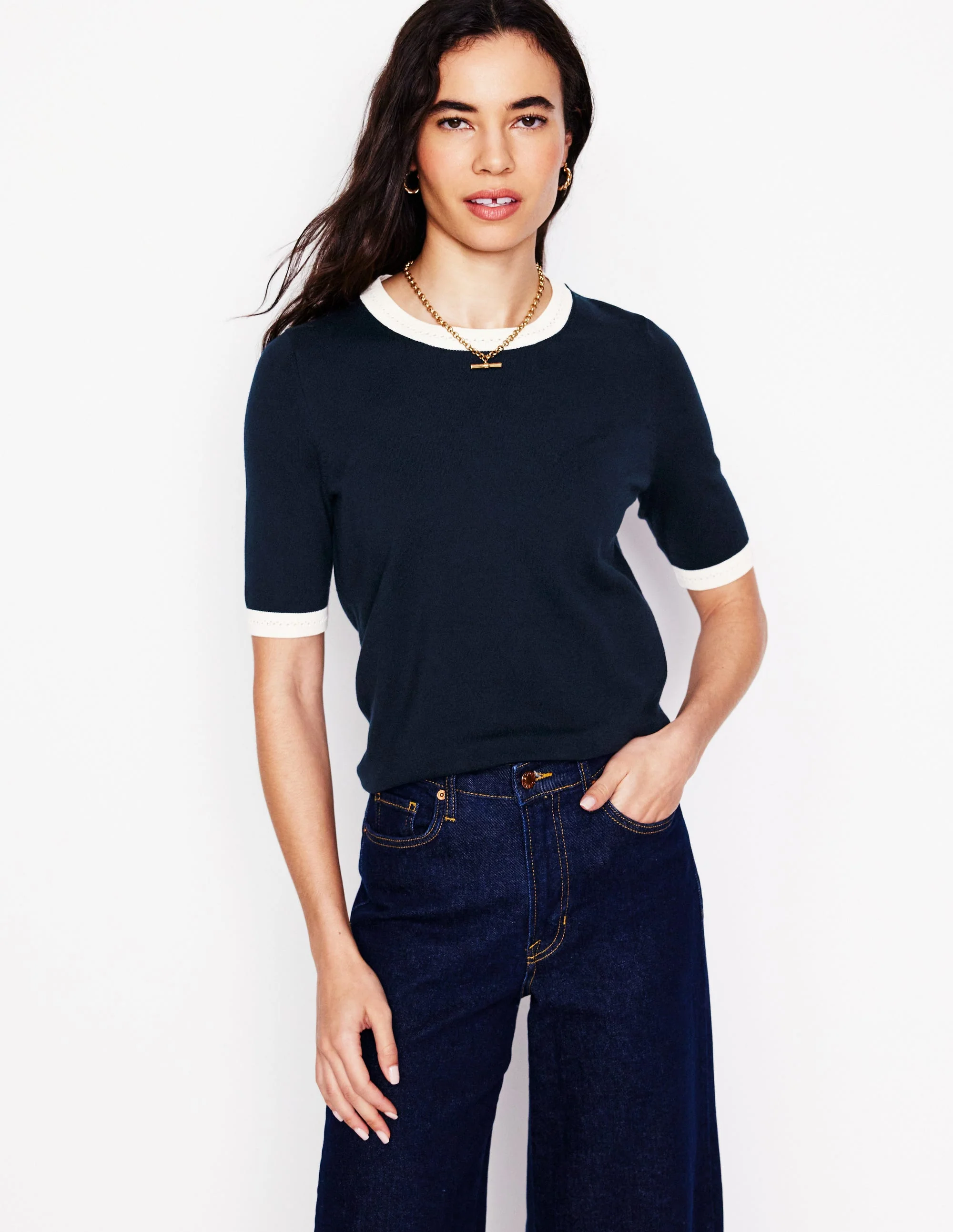 Emilia Cotton Crew T-shirt-Navy, Warm Ivory - Image 4
