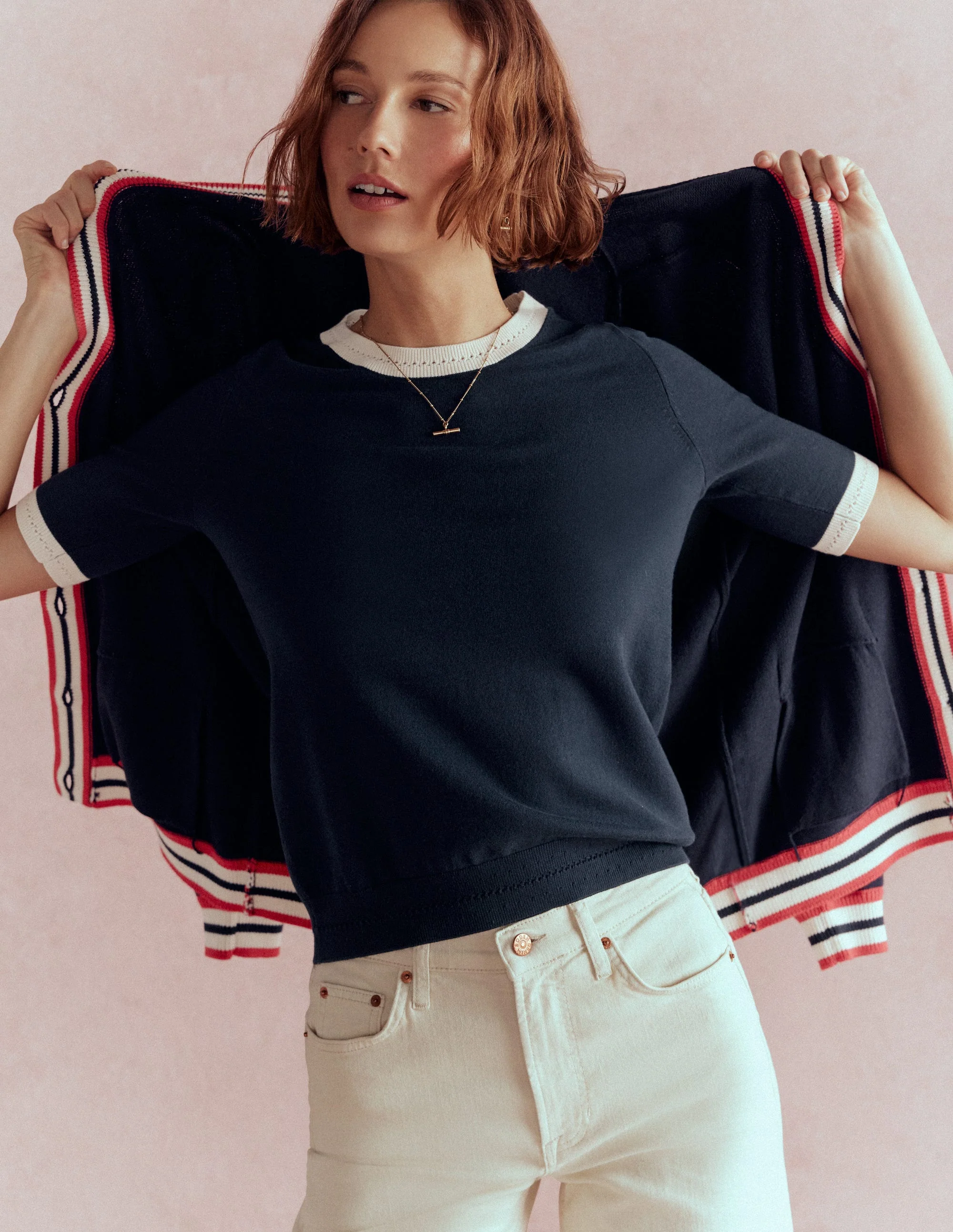 Emilia Cotton Crew T-shirt-Navy, Warm Ivory - Image 6