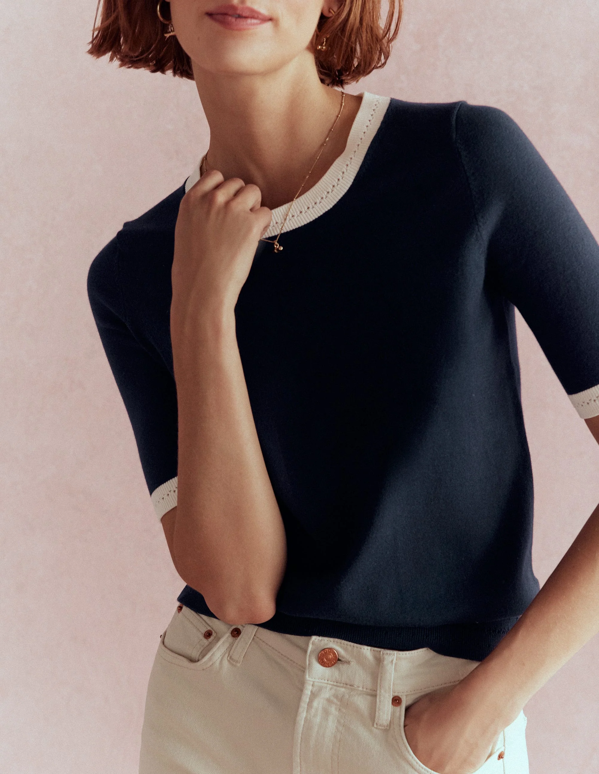 Emilia Cotton Crew T-shirt-Navy, Warm Ivory - Image 7