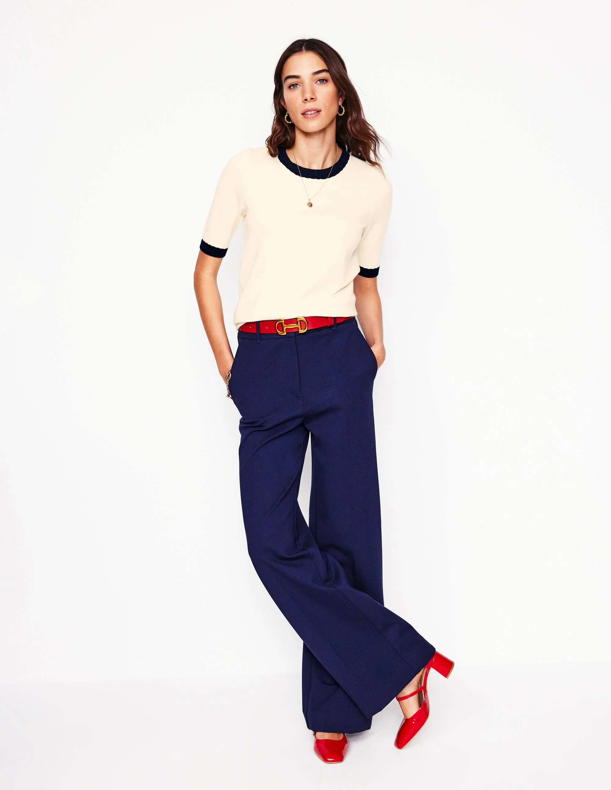Emilia Cotton Crew T-shirt-Warm Ivory, Navy - Image 4