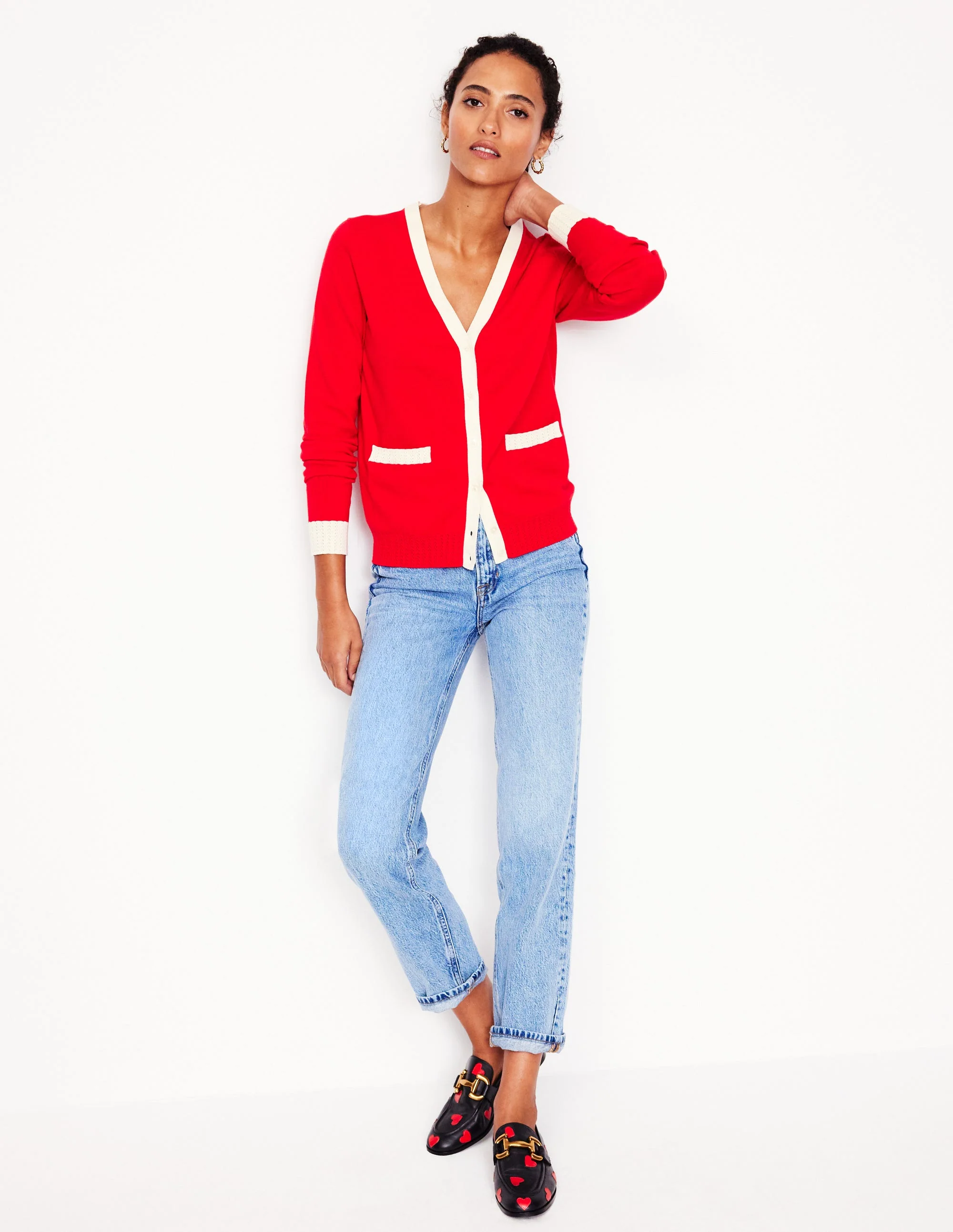Emilia Cotton V Neck Cardigan-Poppy Red - Image 4