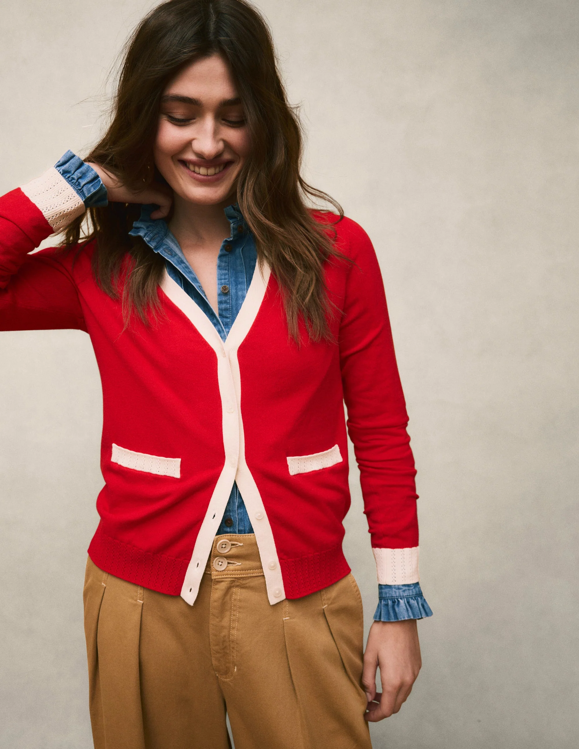 Emilia Cotton V Neck Cardigan-Poppy Red - Image 5