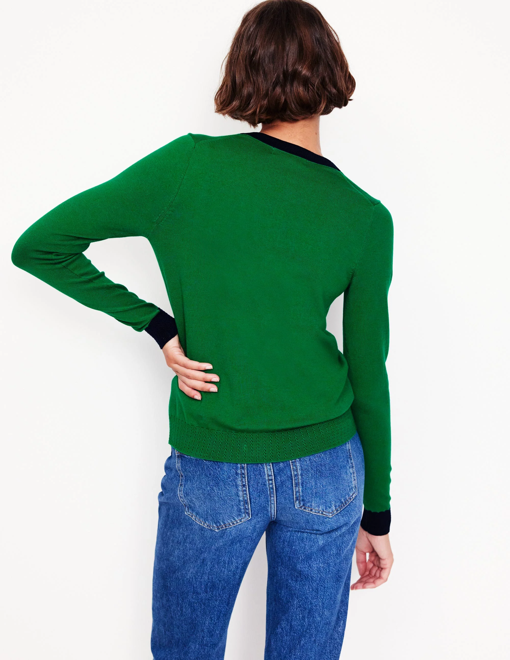 Emilia Cotton V Neck Cardigan-Rich Emerald/Navy - Image 3