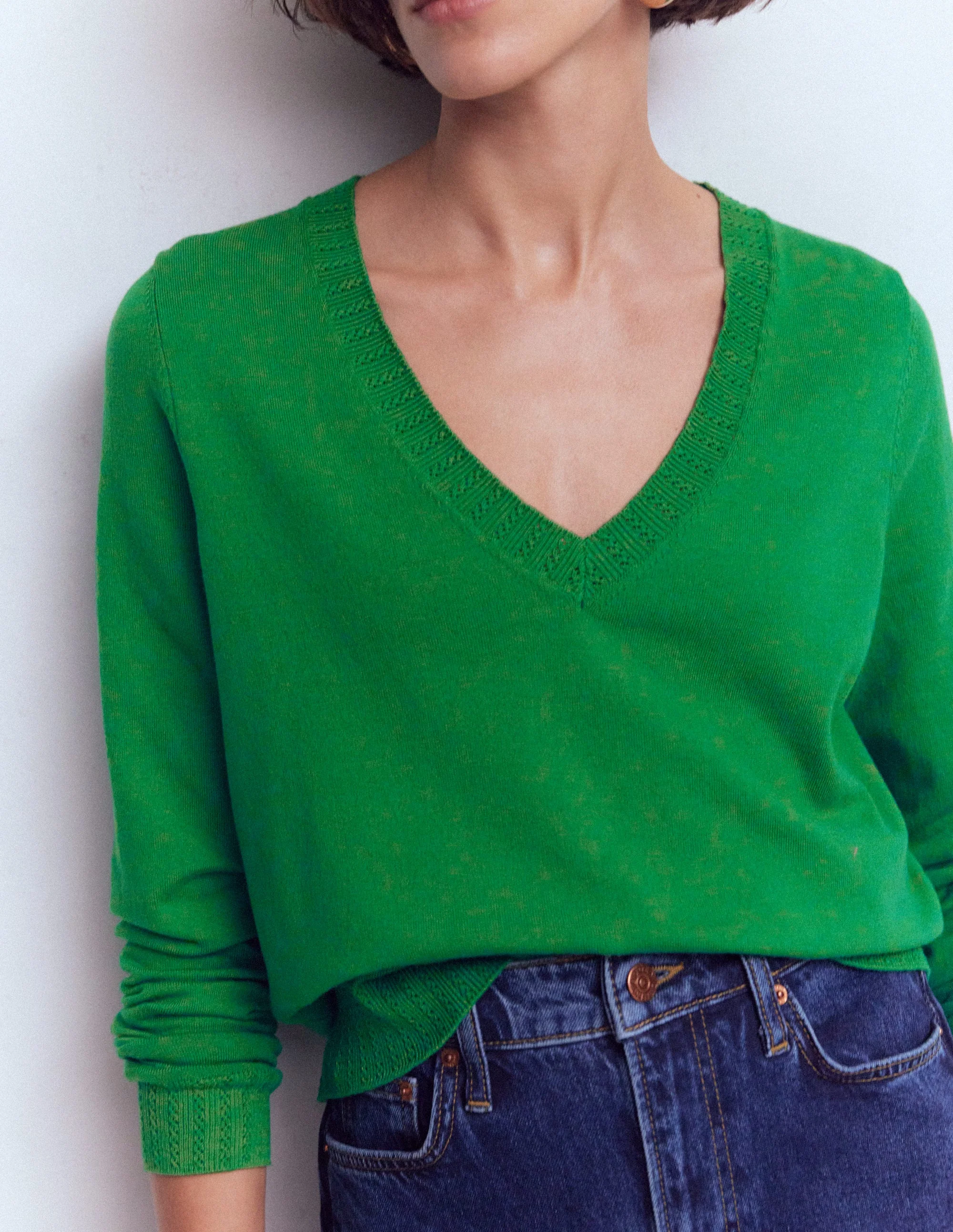 Emilia Cotton V Neck Sweater-Rich Emerald - Image 2