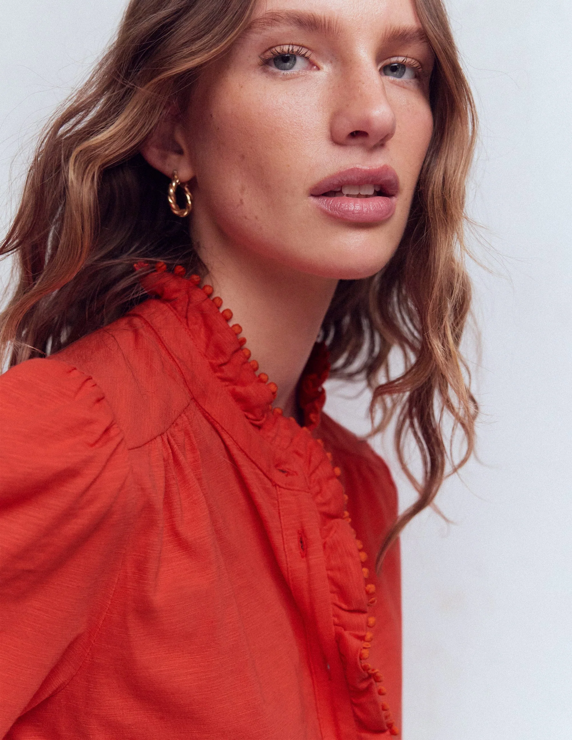Emily Pom Trim Ruffle Shirt-Blood Orange - Image 2