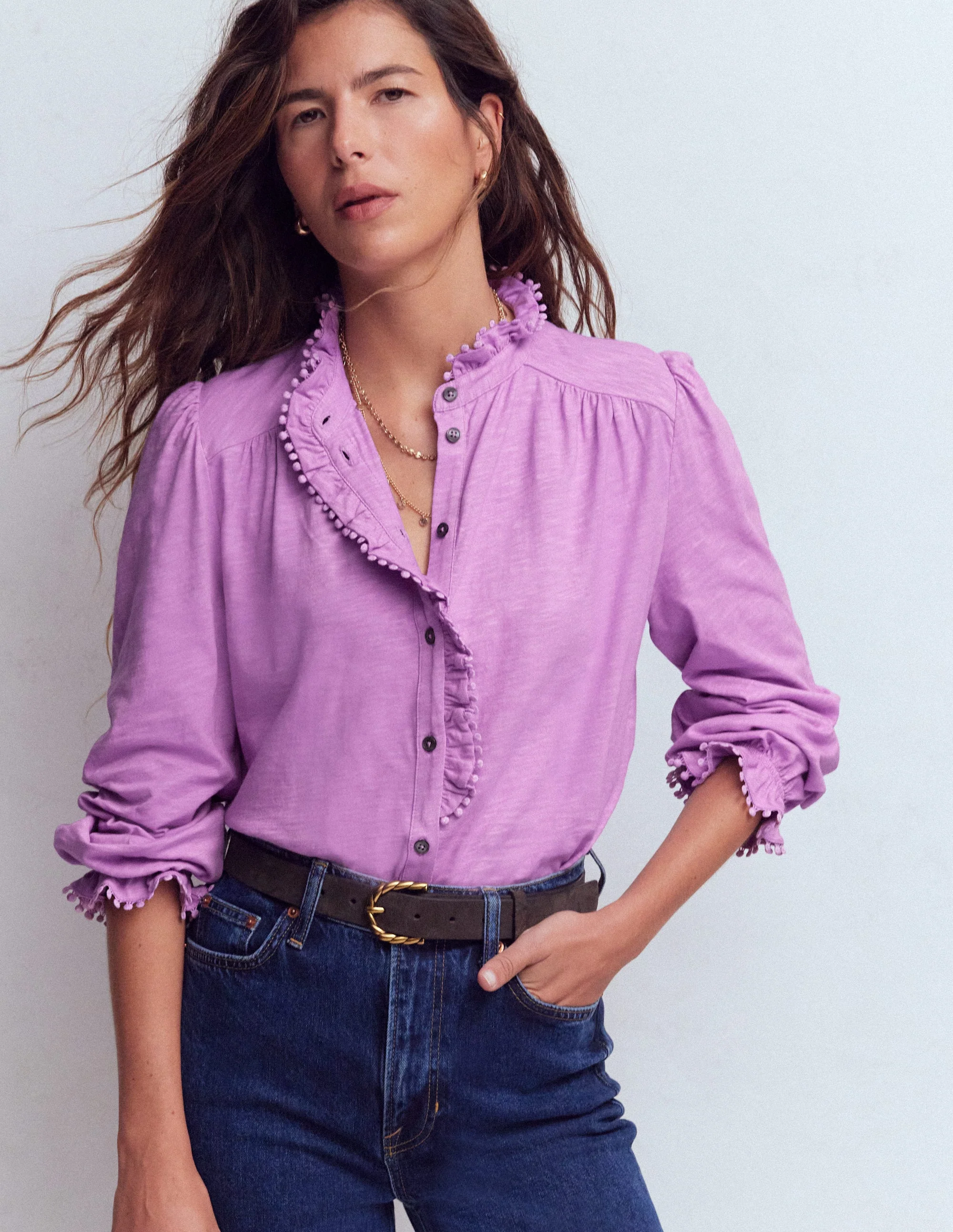 Emily Pom Trim Ruffle Shirt-Chalky Violet