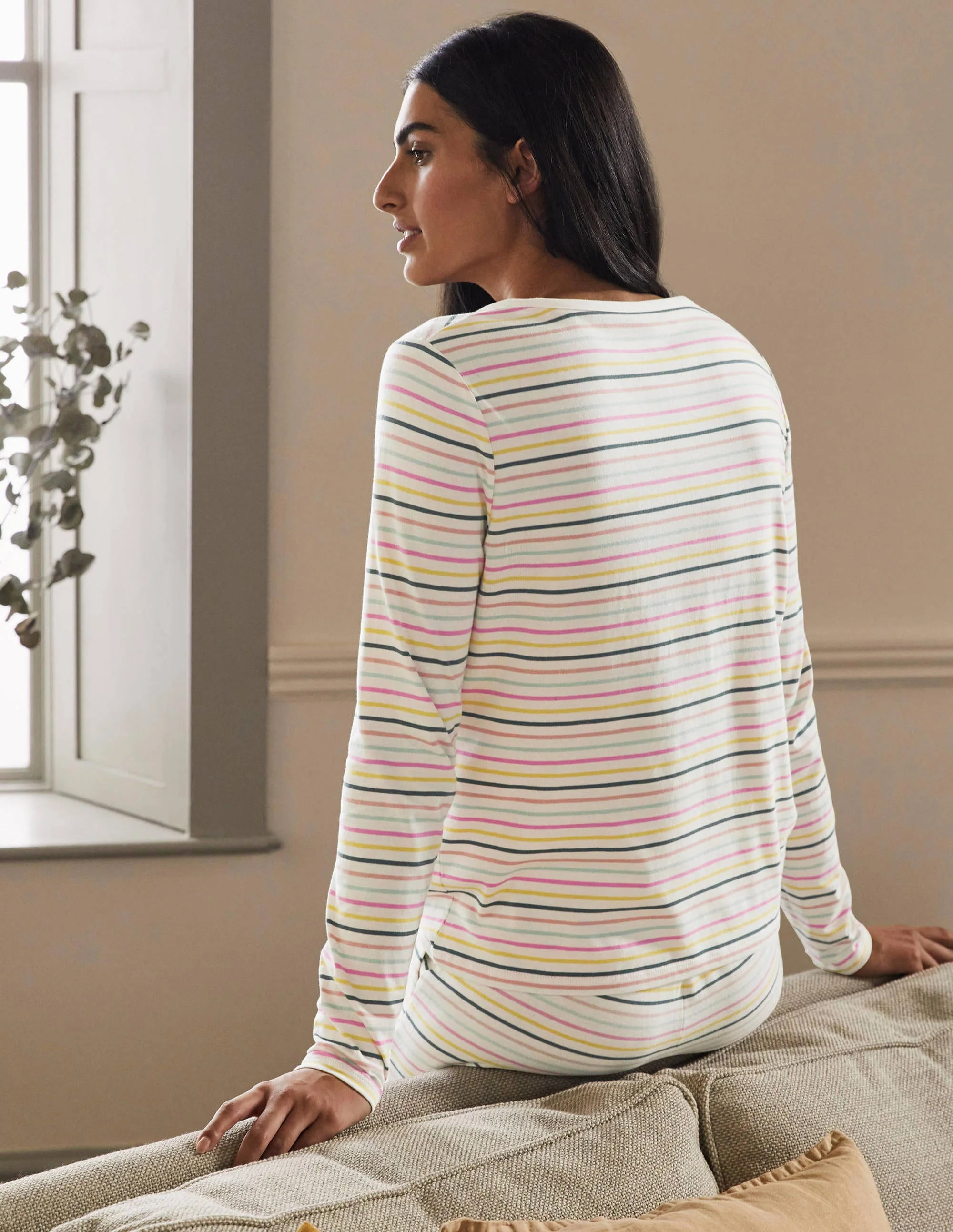 Emma Long Sleeve Pajama Top-Pale Lemon and Heath Stripe - Image 3