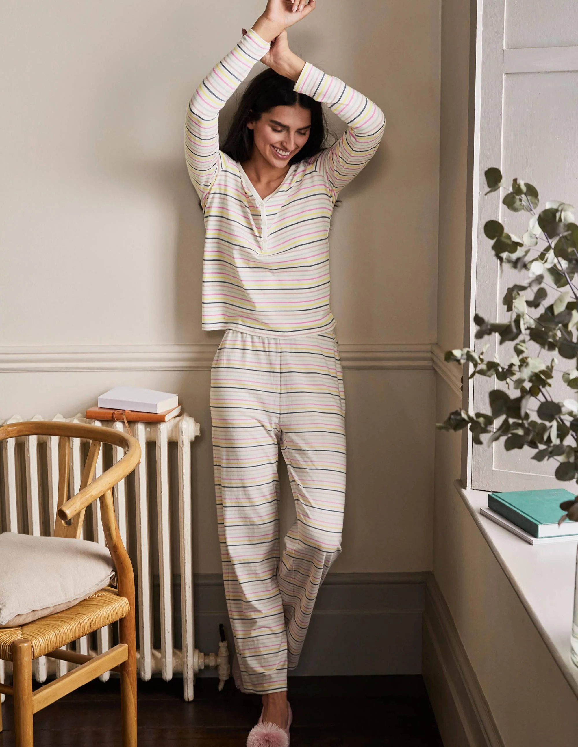 Emma Long Sleeve Pajama Top-Pale Lemon and Heath Stripe - Image 4