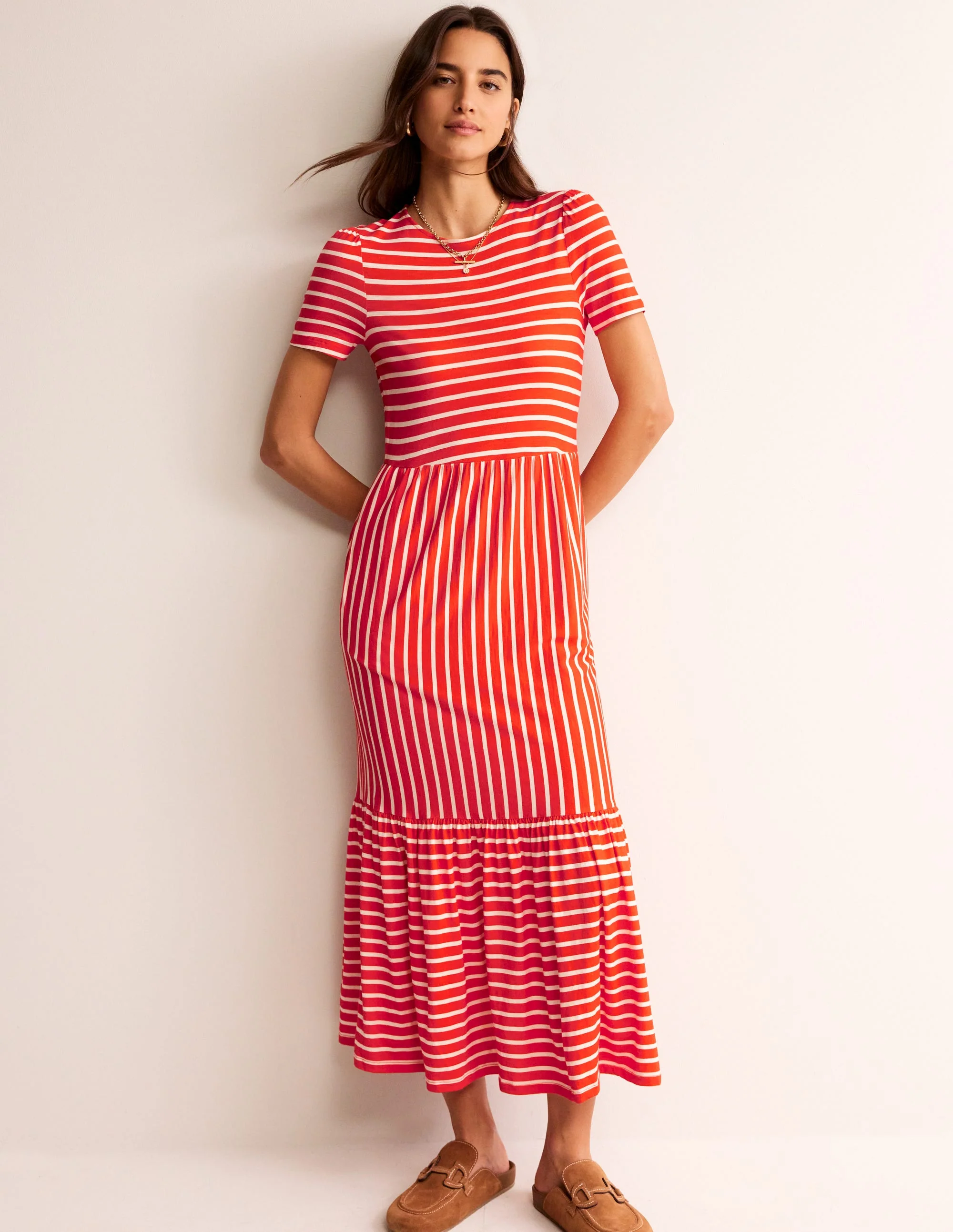 Emma Tiered Jersey Midi Dress-Fiesta, Ivory Stripe - Image 2