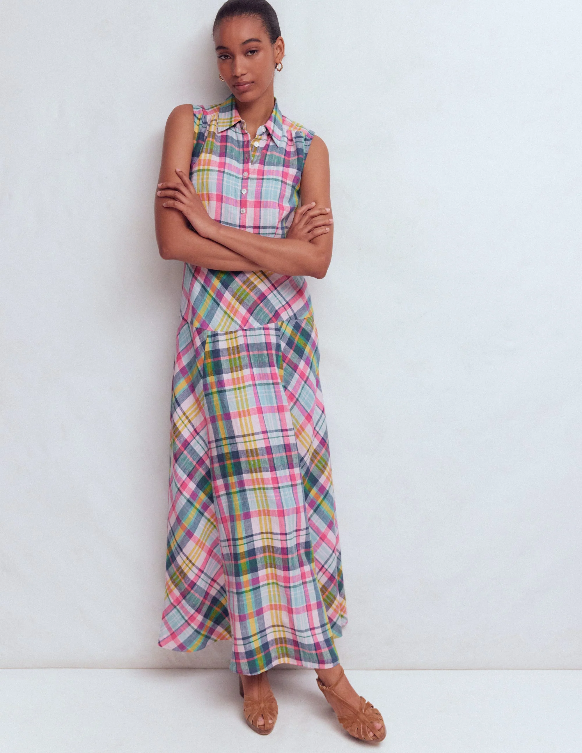 Erma Drop Waist Linen Dress-Blue, Pink and Green Madras - Image 4