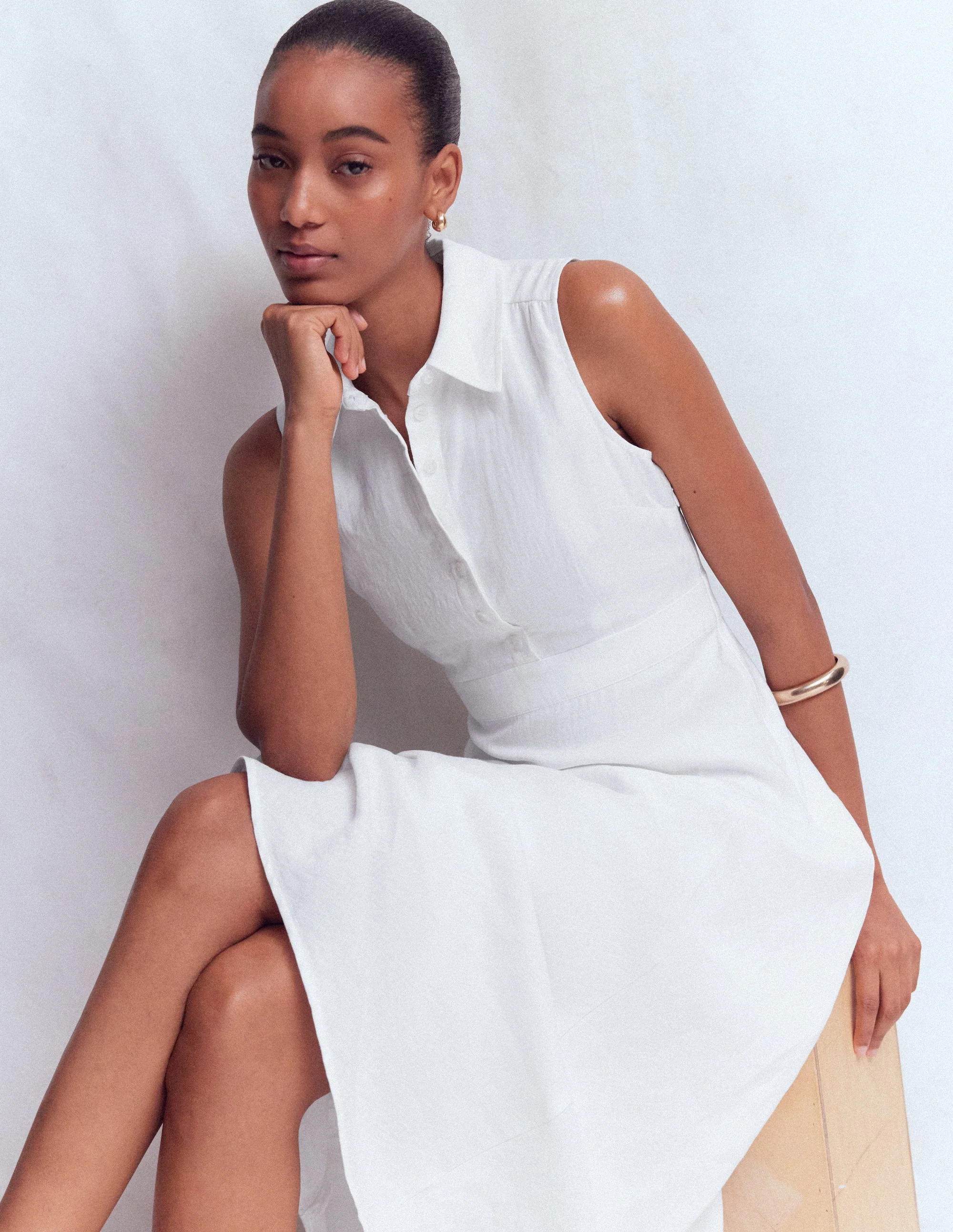 Erma Drop Waist Linen Dress-White - Image 4