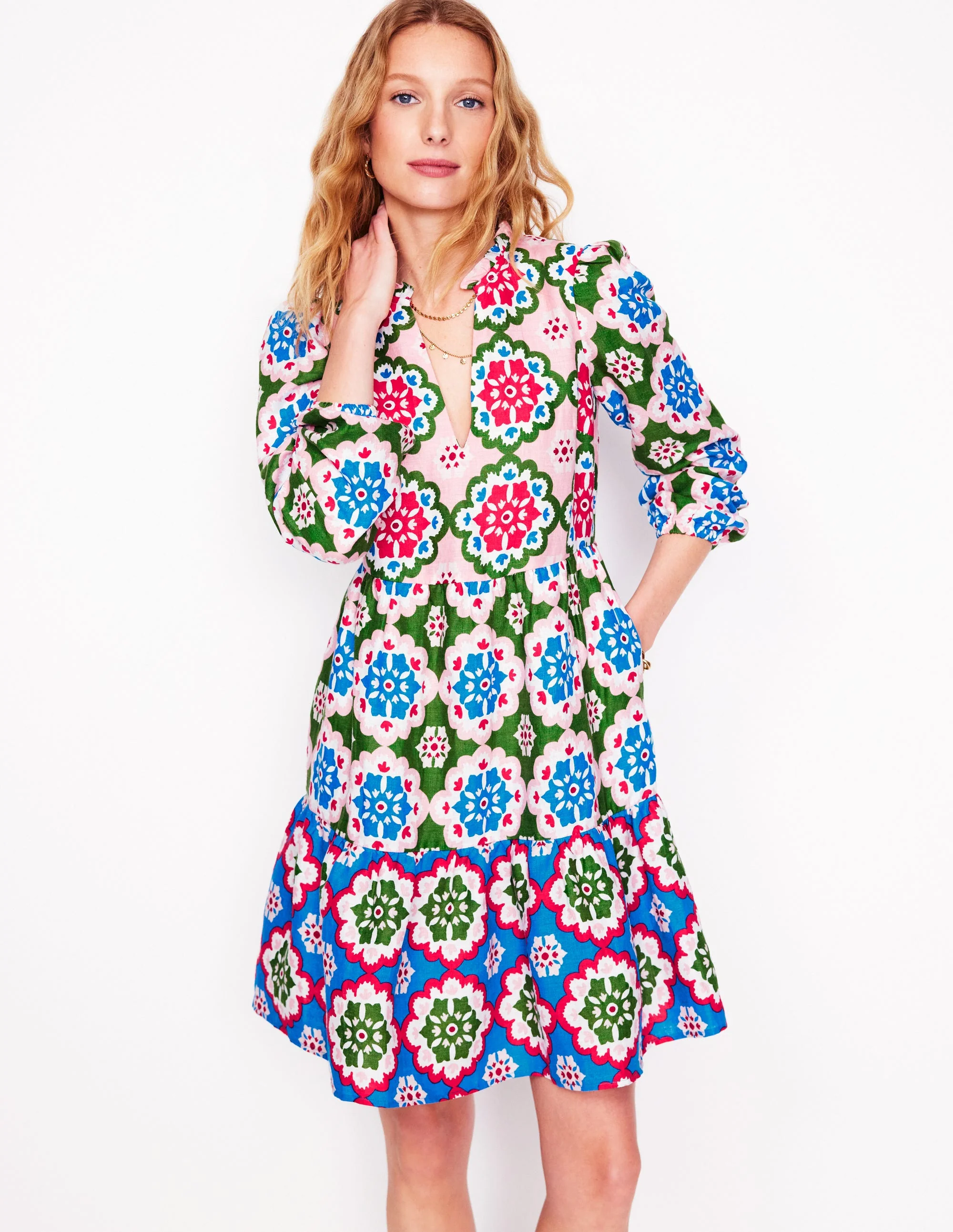 Esme Linen Mini Dress-Multi, Bloom Geo