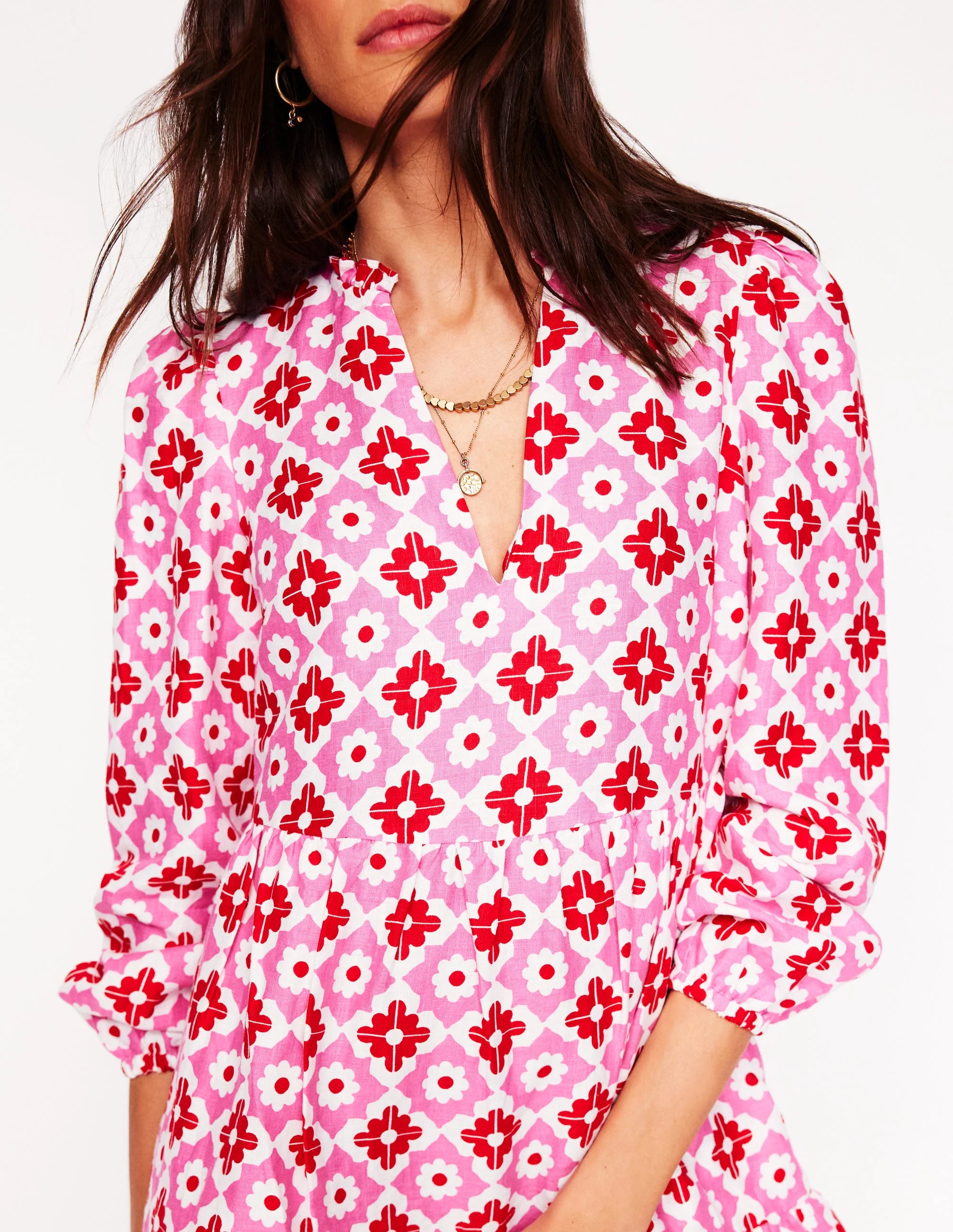 Esme Linen Mini Dress-Pink Power, Geometric Stamp - Image 2