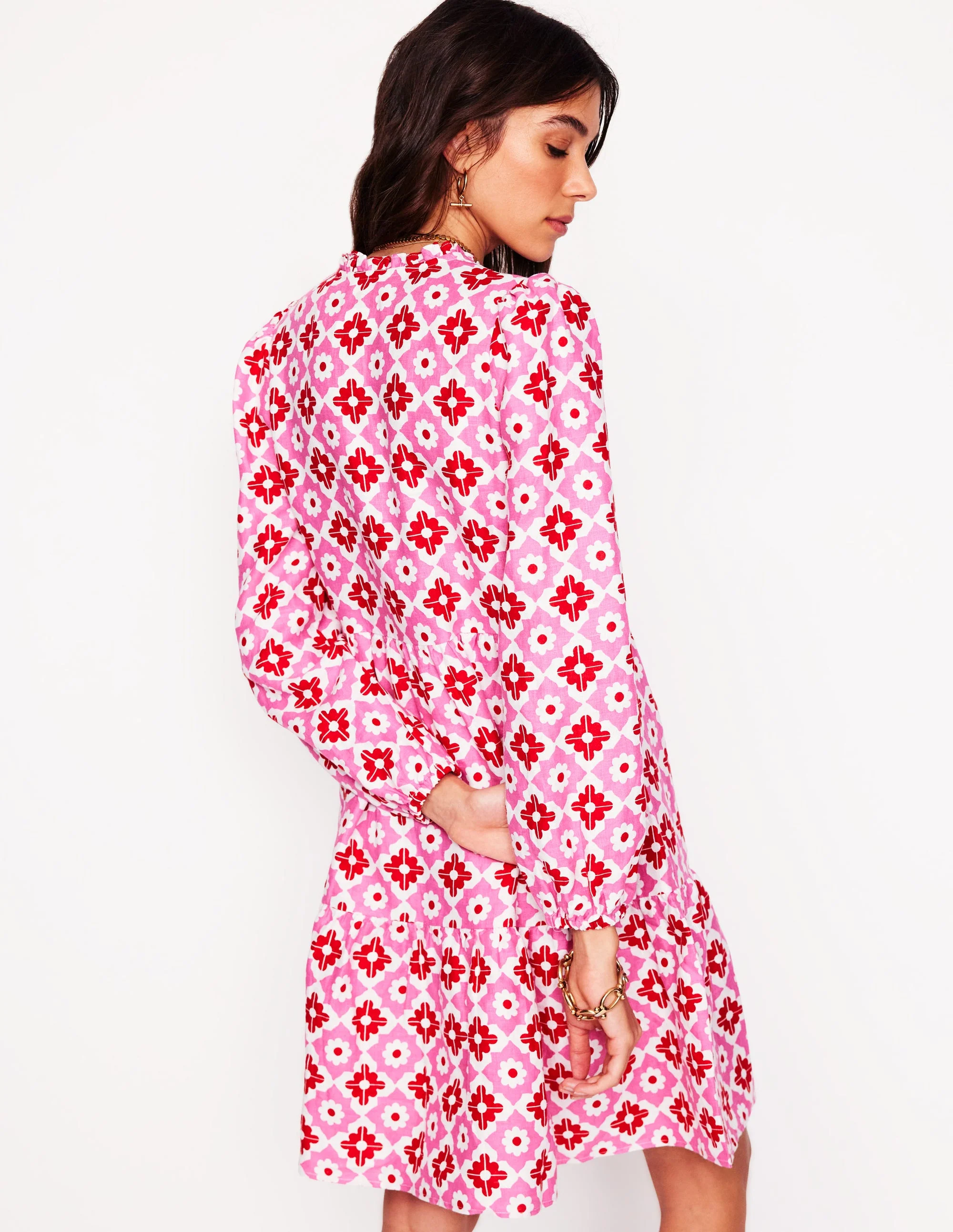 Esme Linen Mini Dress-Pink Power, Geometric Stamp - Image 3