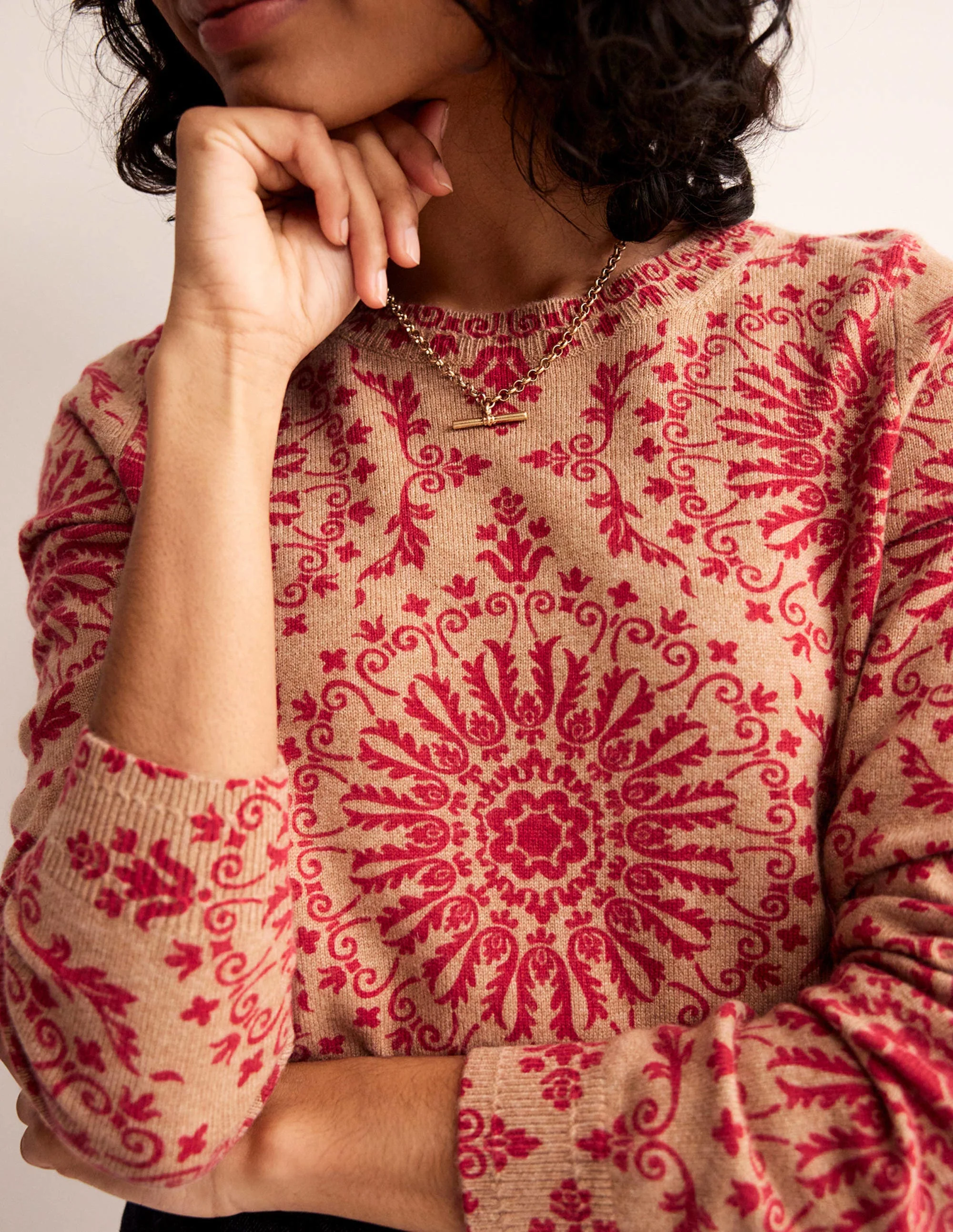 Eva Cashmere Crew Neck Sweater-Camel Pop Peony - Image 2