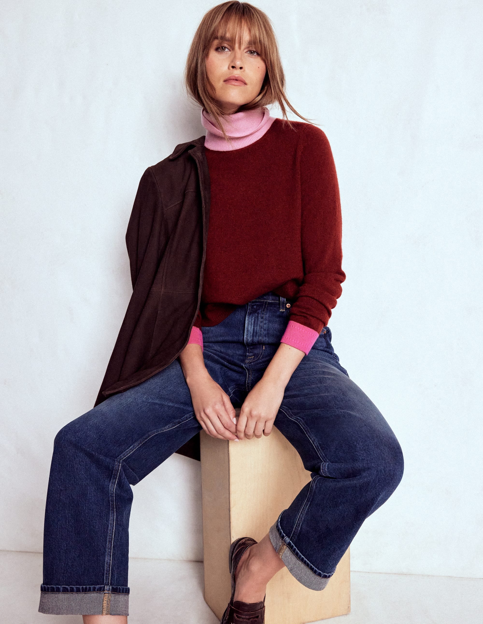 Eva Cashmere Roll Neck Sweater-Chestnut, Colour Block