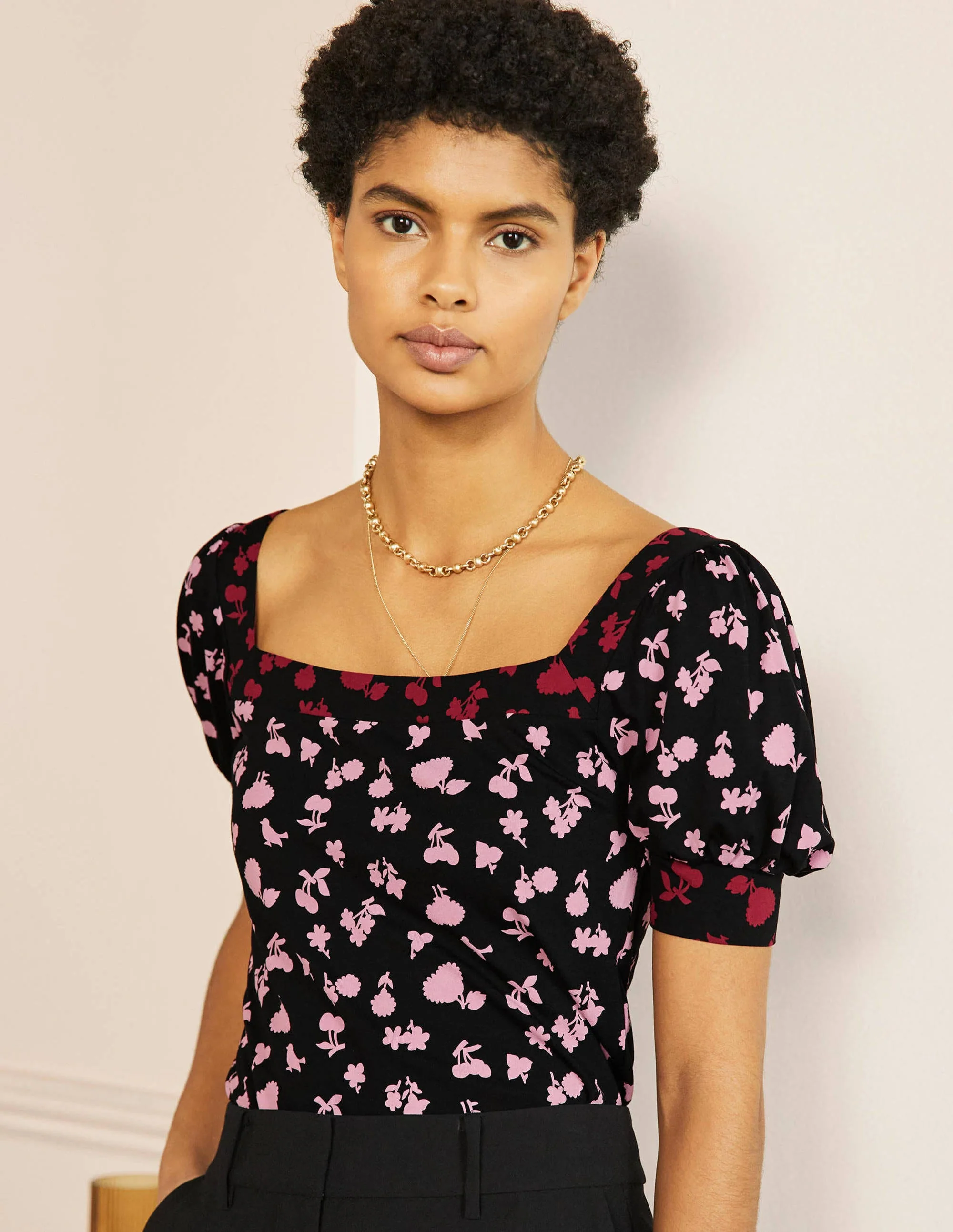 Eva Square Neck Jersey Top-Black and Formica Woodland Bud