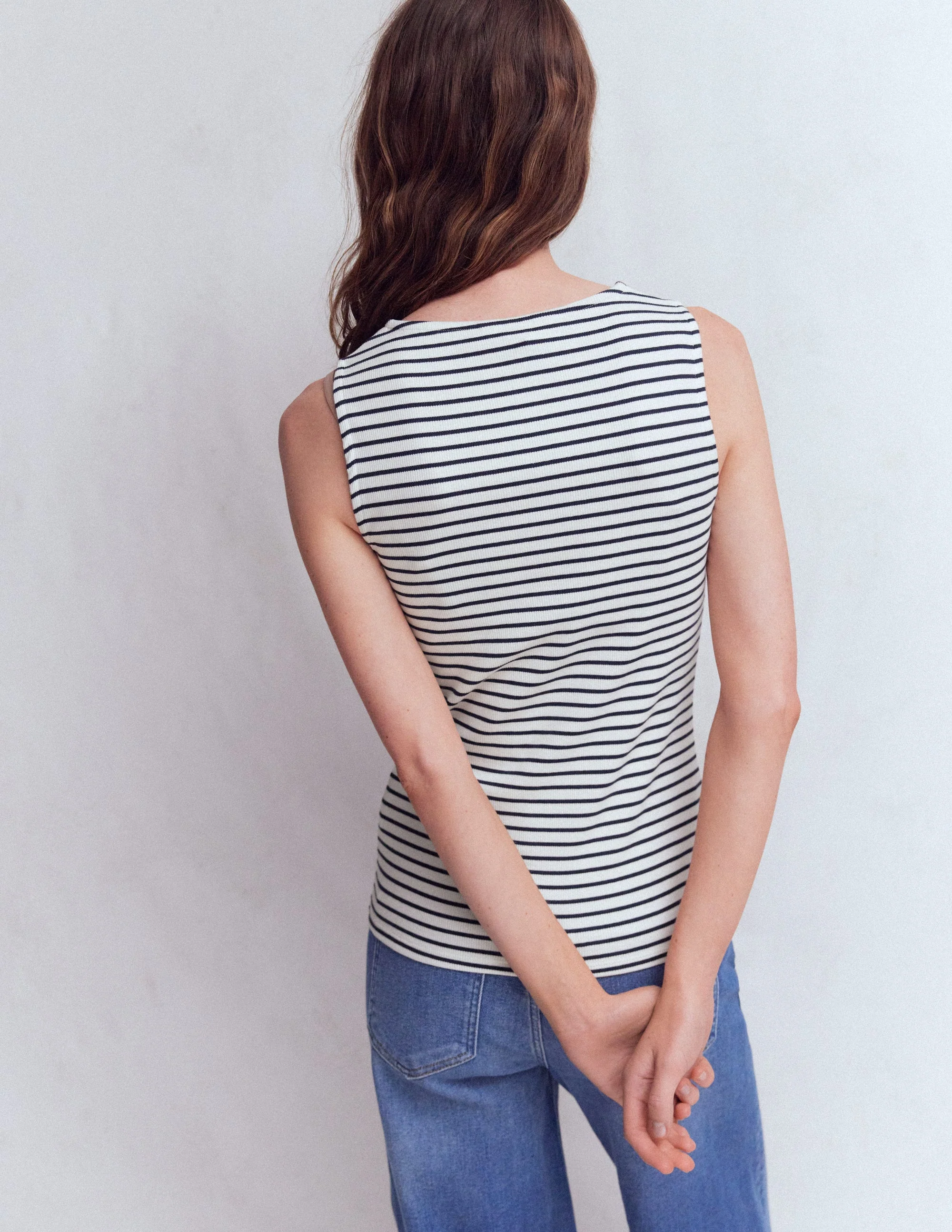 Evie Button Through Rib Vest-Ivory, Navy Stripe - Image 3