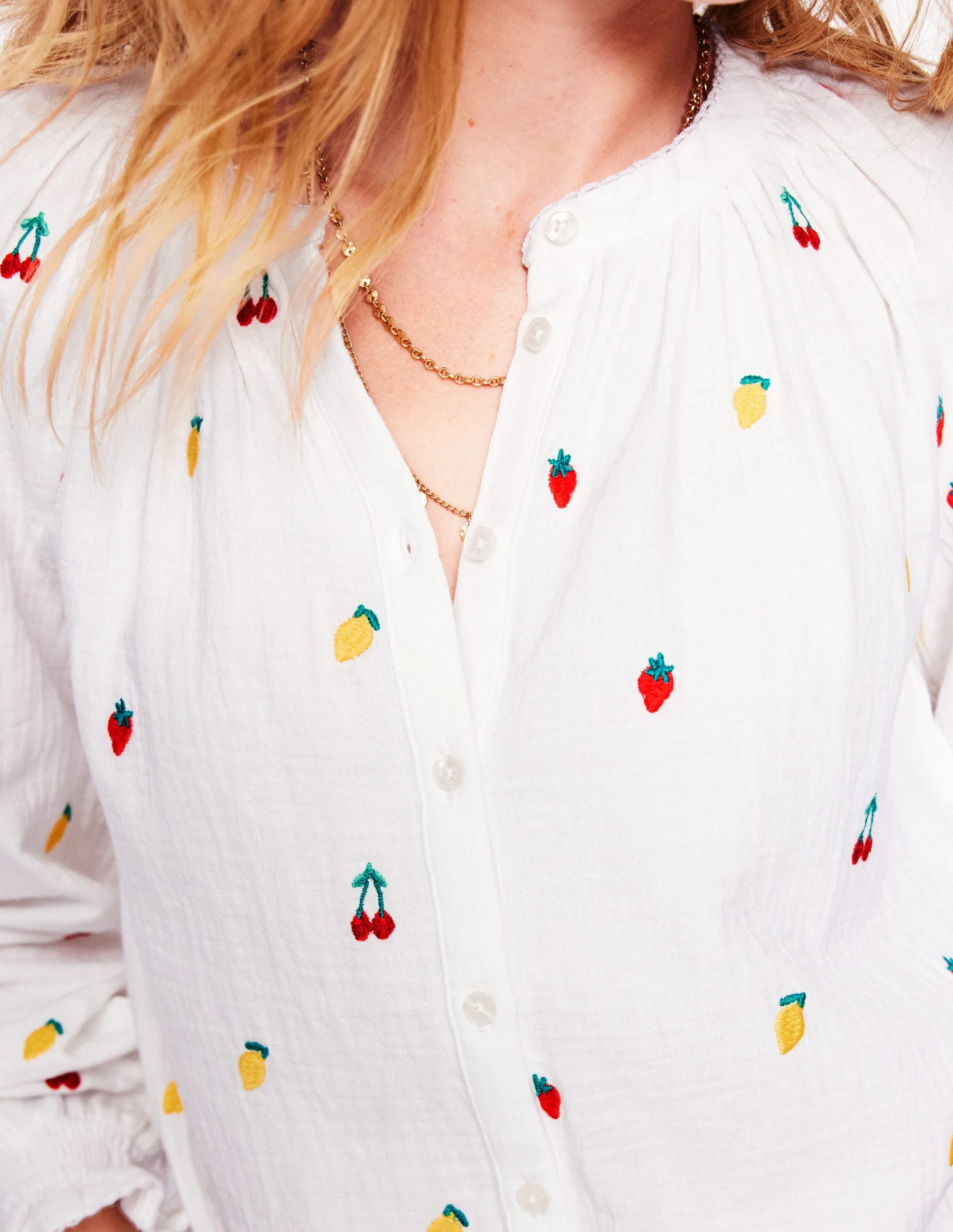 Evie Double Cloth Top-White, Embroidered Fruit - Image 3