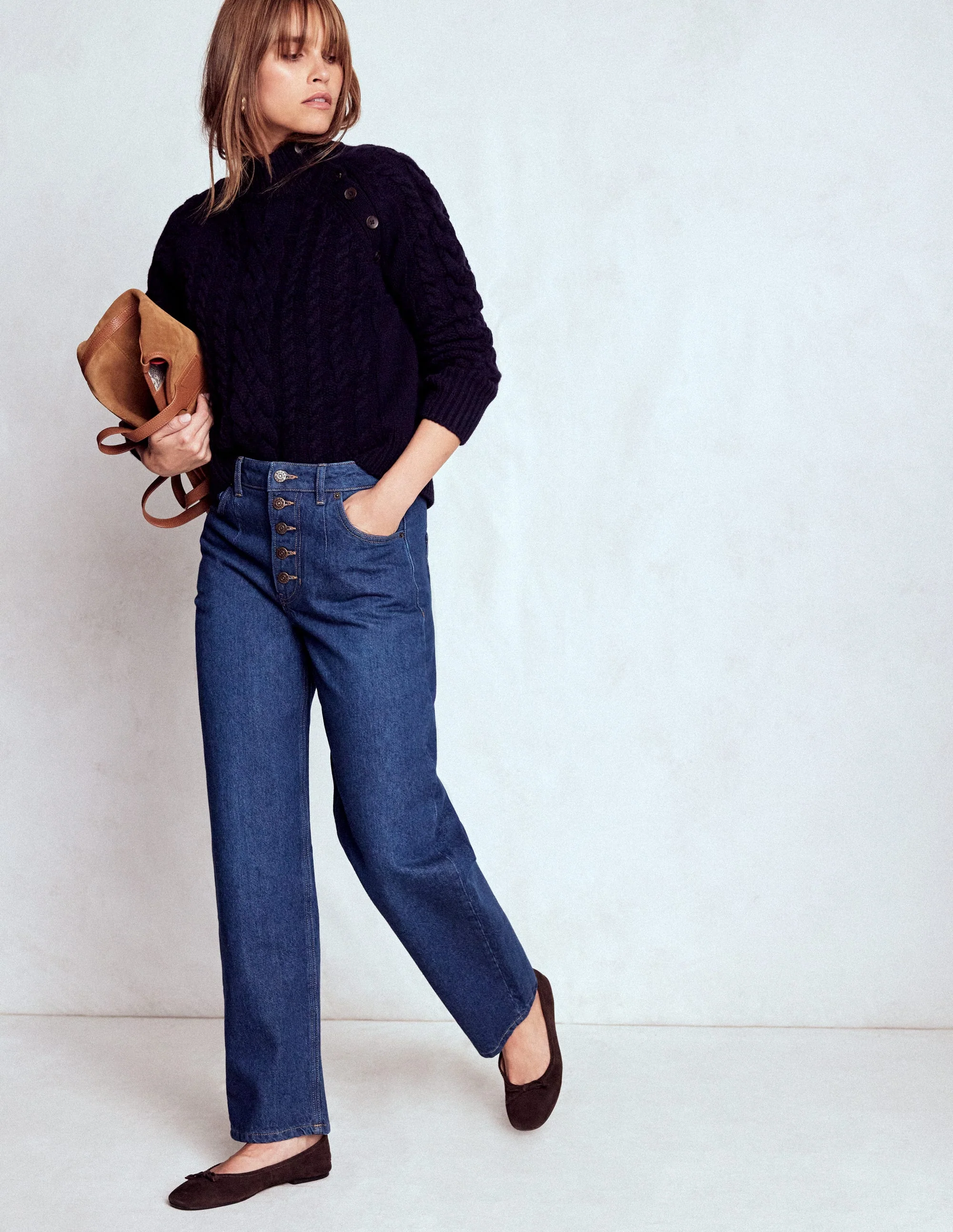 Exposed Button Straight Jeans-Indigo