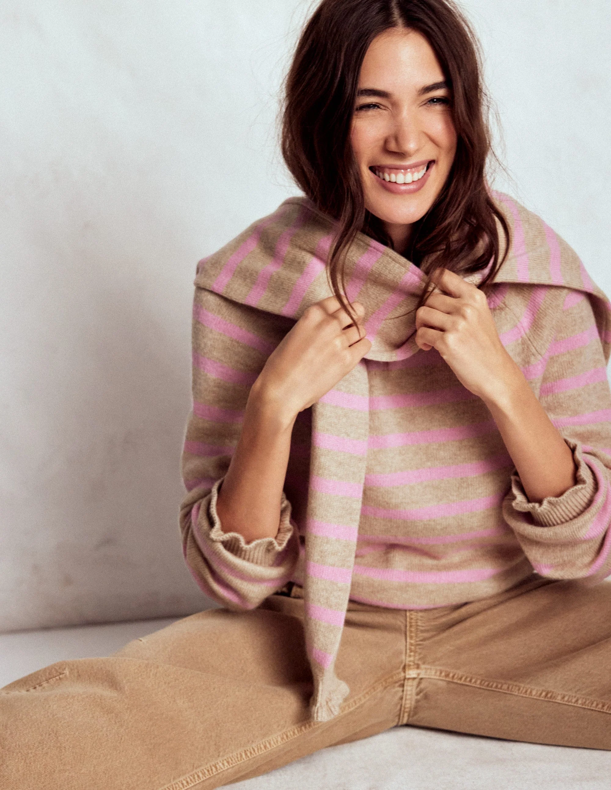 Fae Fair Isle Frilled Sweater-Camel, Pink Stripe - Image 5