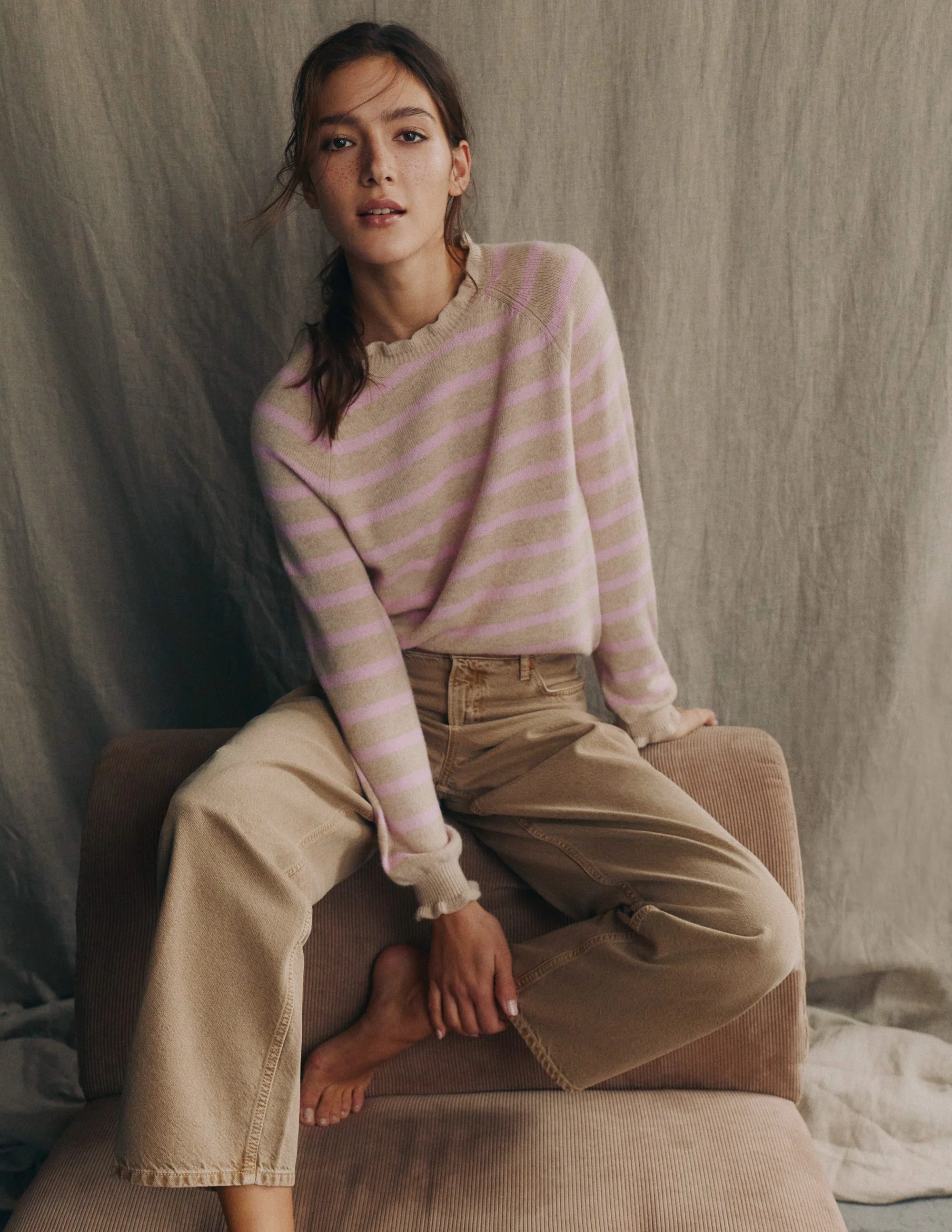 Fae Fair Isle Frilled Sweater-Camel, Pink Stripe - Image 7