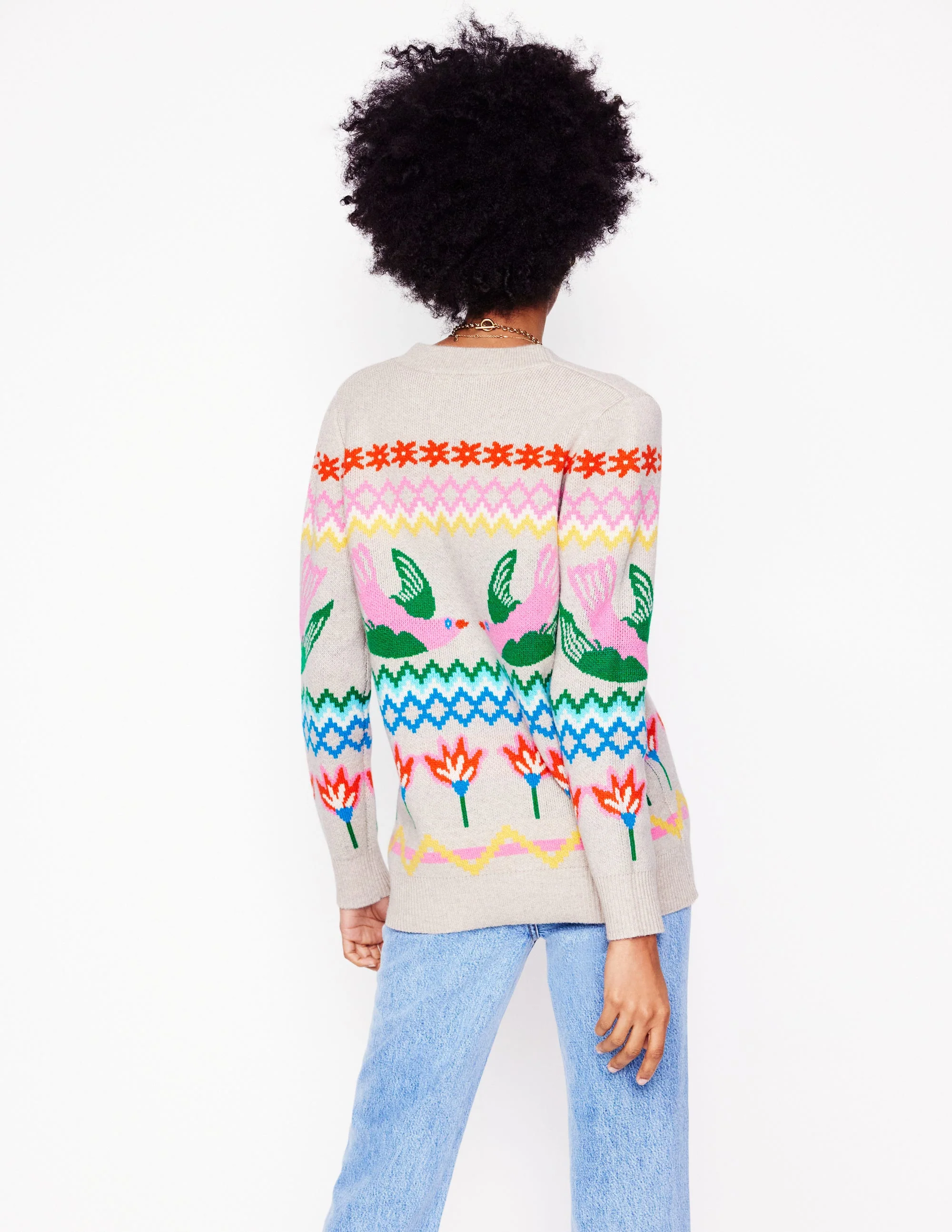 Fair Isle Boyfriend Cardigan-Oatmeal Melange, Birds - Image 2