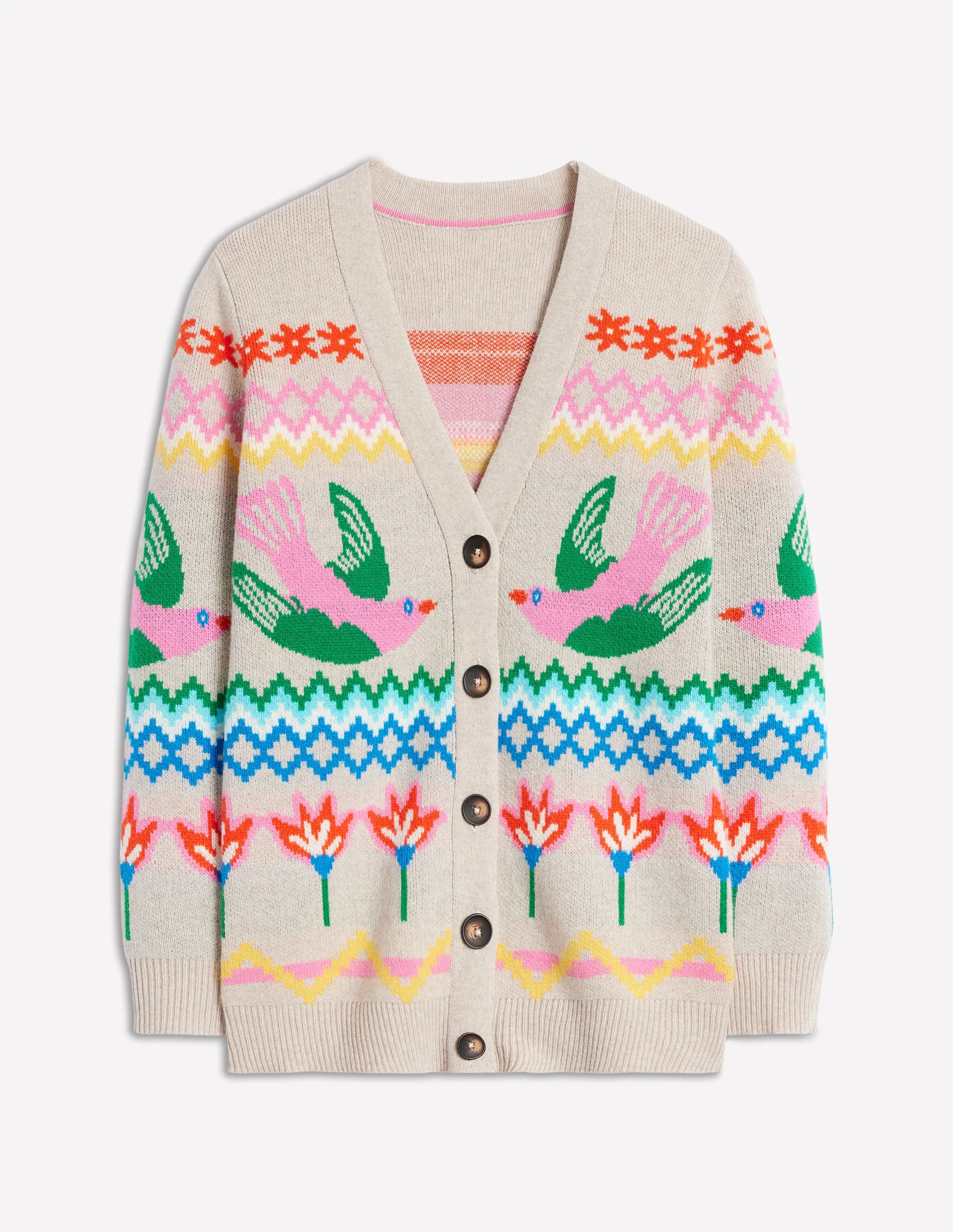 Fair Isle Boyfriend Cardigan-Oatmeal Melange, Birds - Image 6