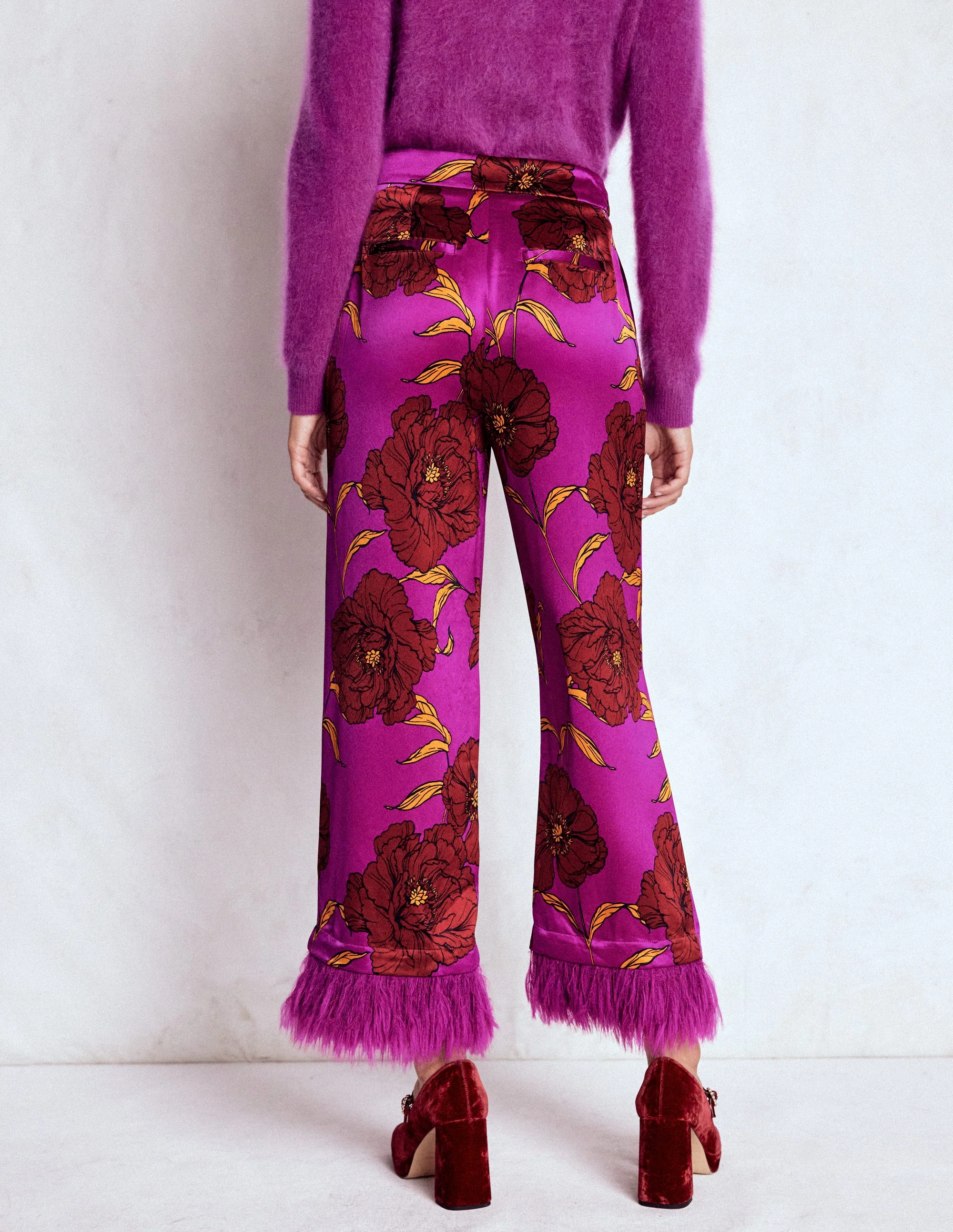 Faux Feather Trim Pants-Regal Purple, Peony Bloom - Image 3