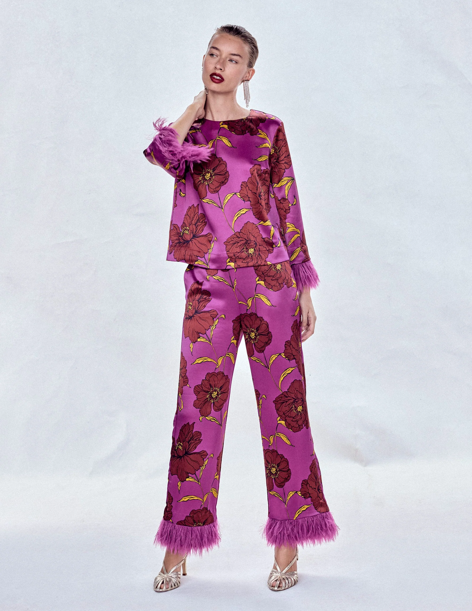 Faux Feather Trim Pants-Regal Purple, Peony Bloom - Image 7