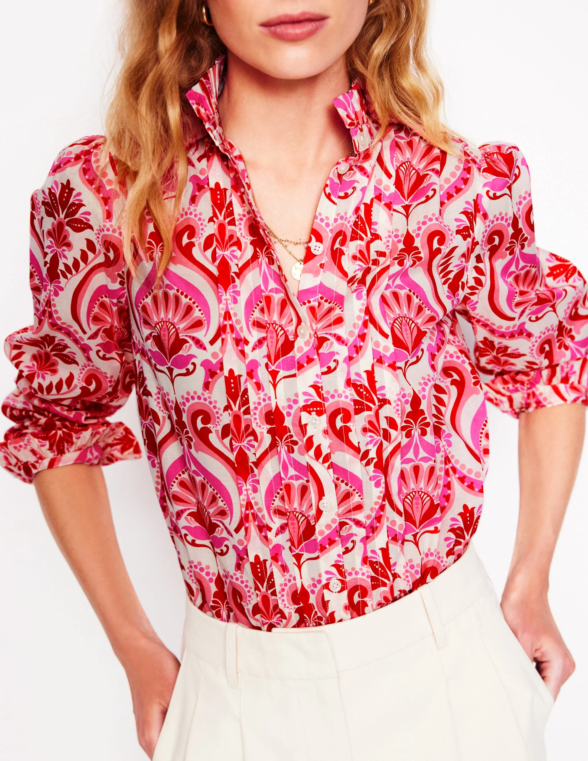 Felicity Cotton Blouse-Poppy Red, Ornamental Floral - Image 4