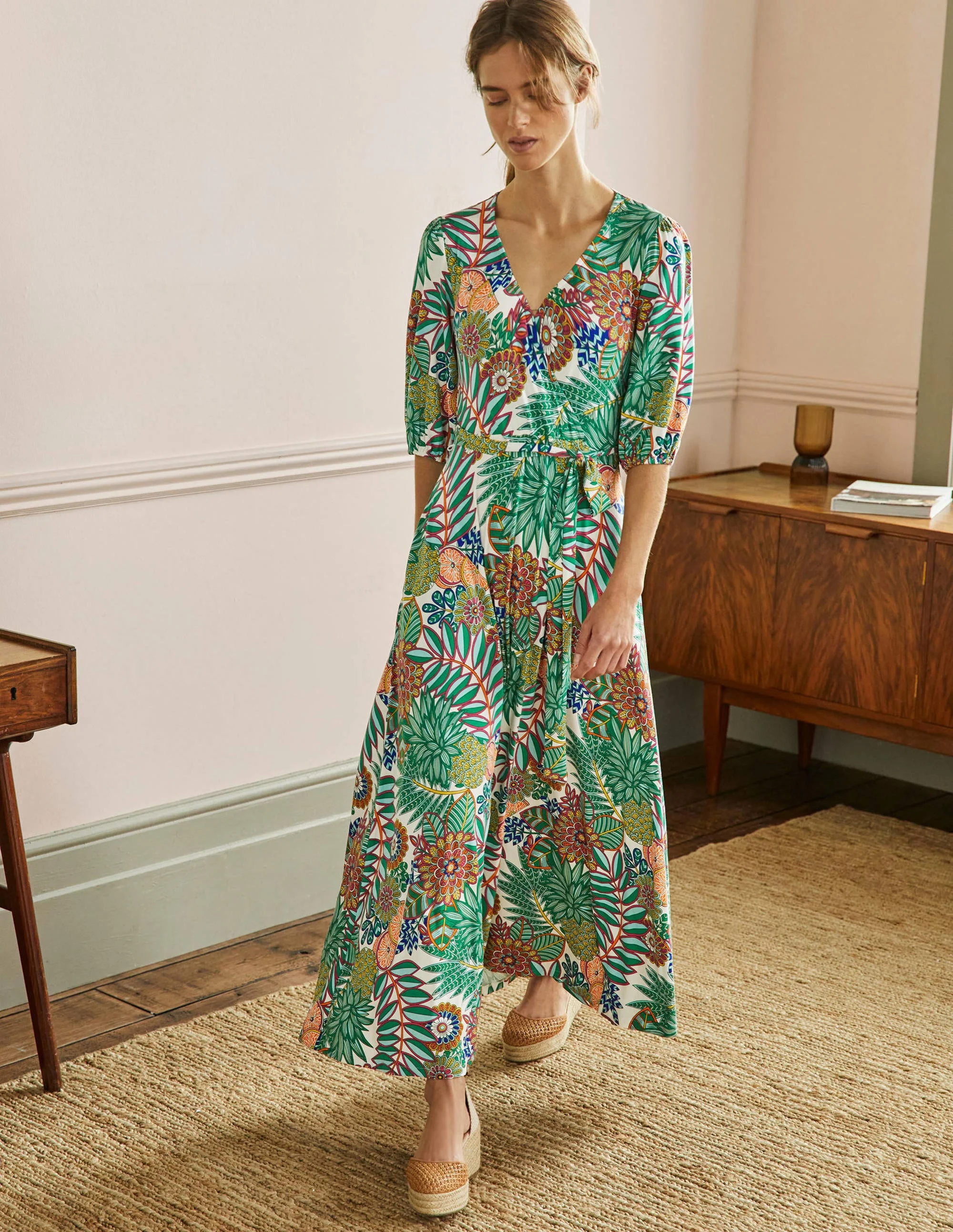 Fixed Wrap Jersey Maxi Dress-Green, Pineapple Bloom