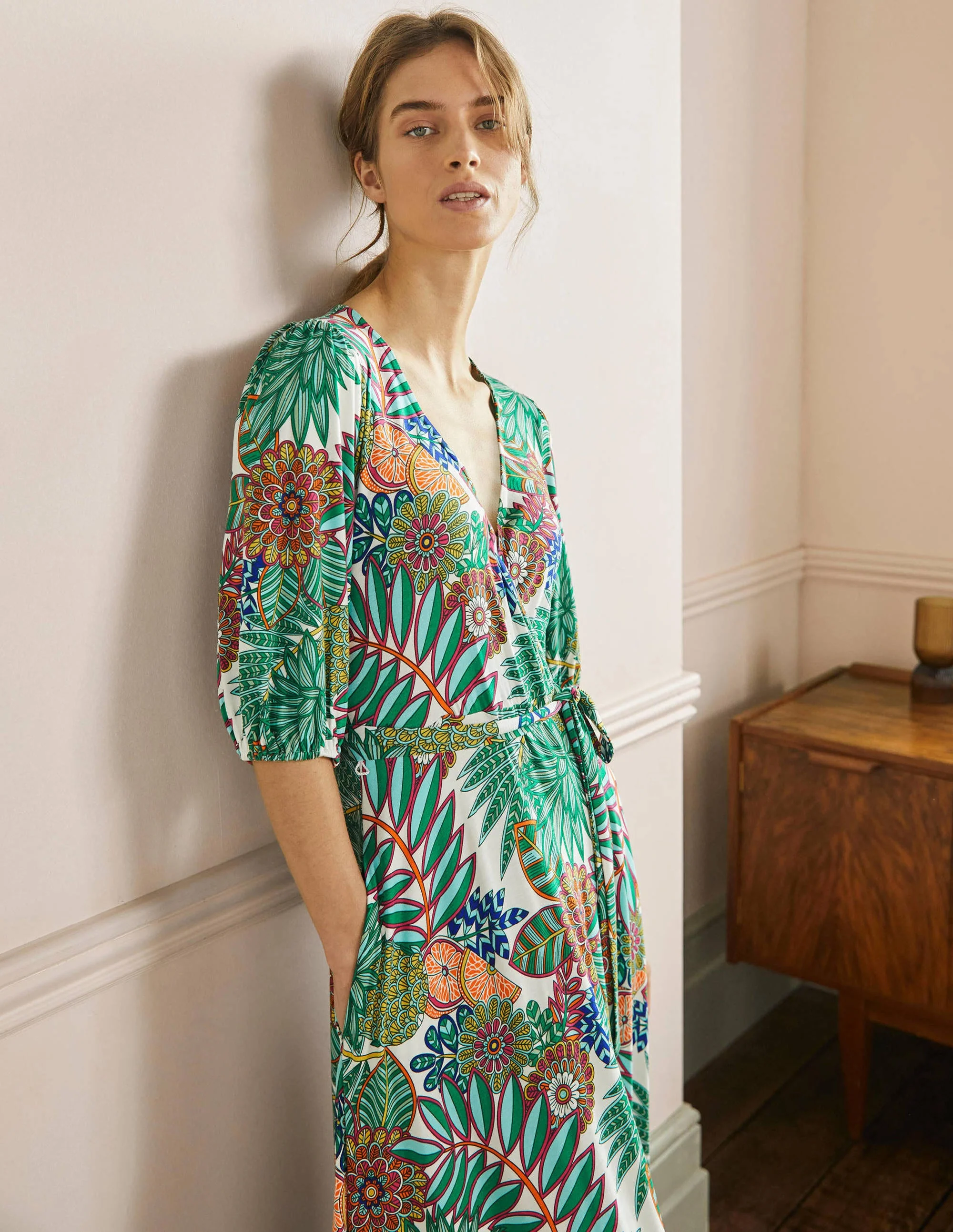 Fixed Wrap Jersey Maxi Dress-Green, Pineapple Bloom - Image 4