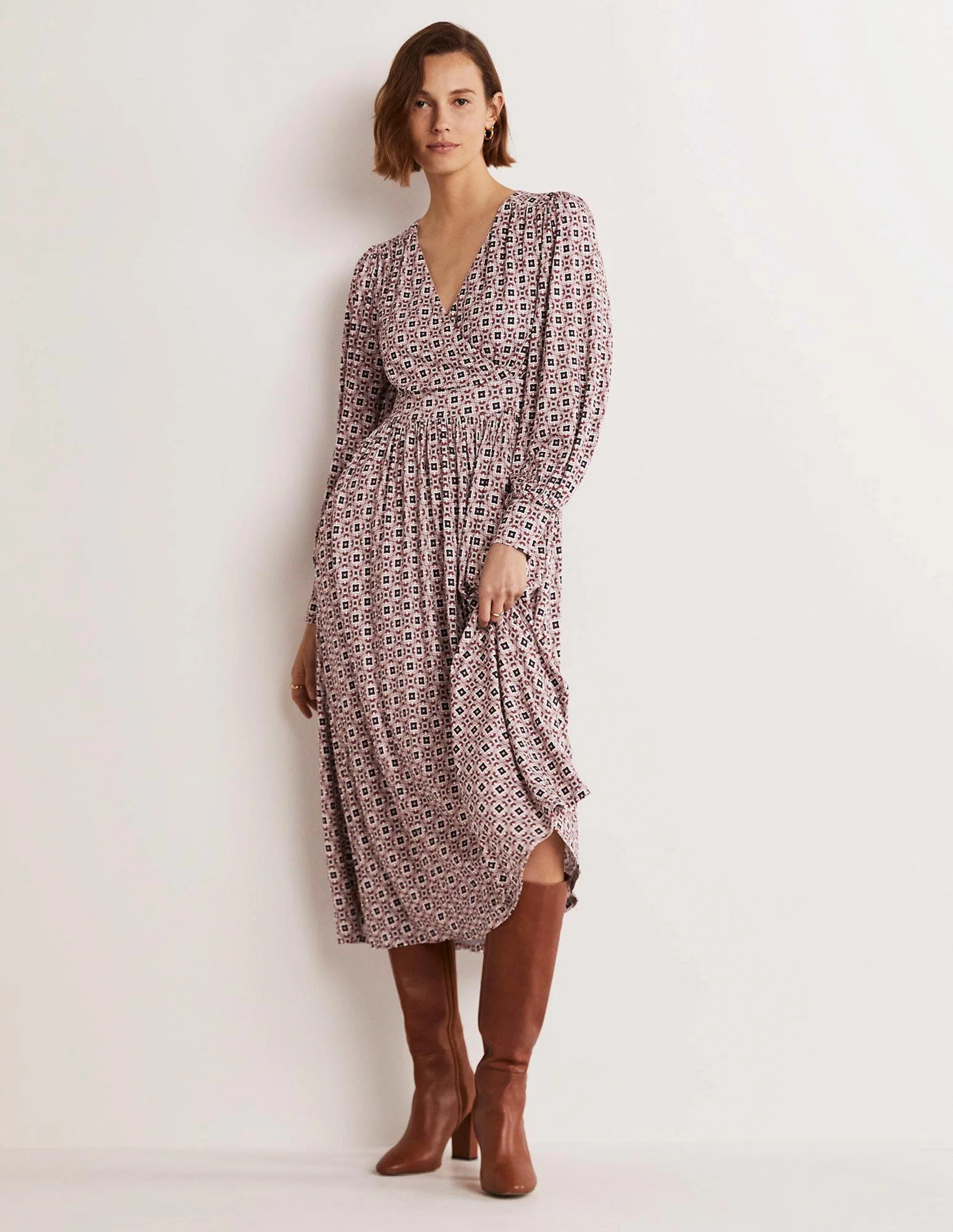 Fixed Wrap Jersey Midi Dress-Almond Pink, Square Geo