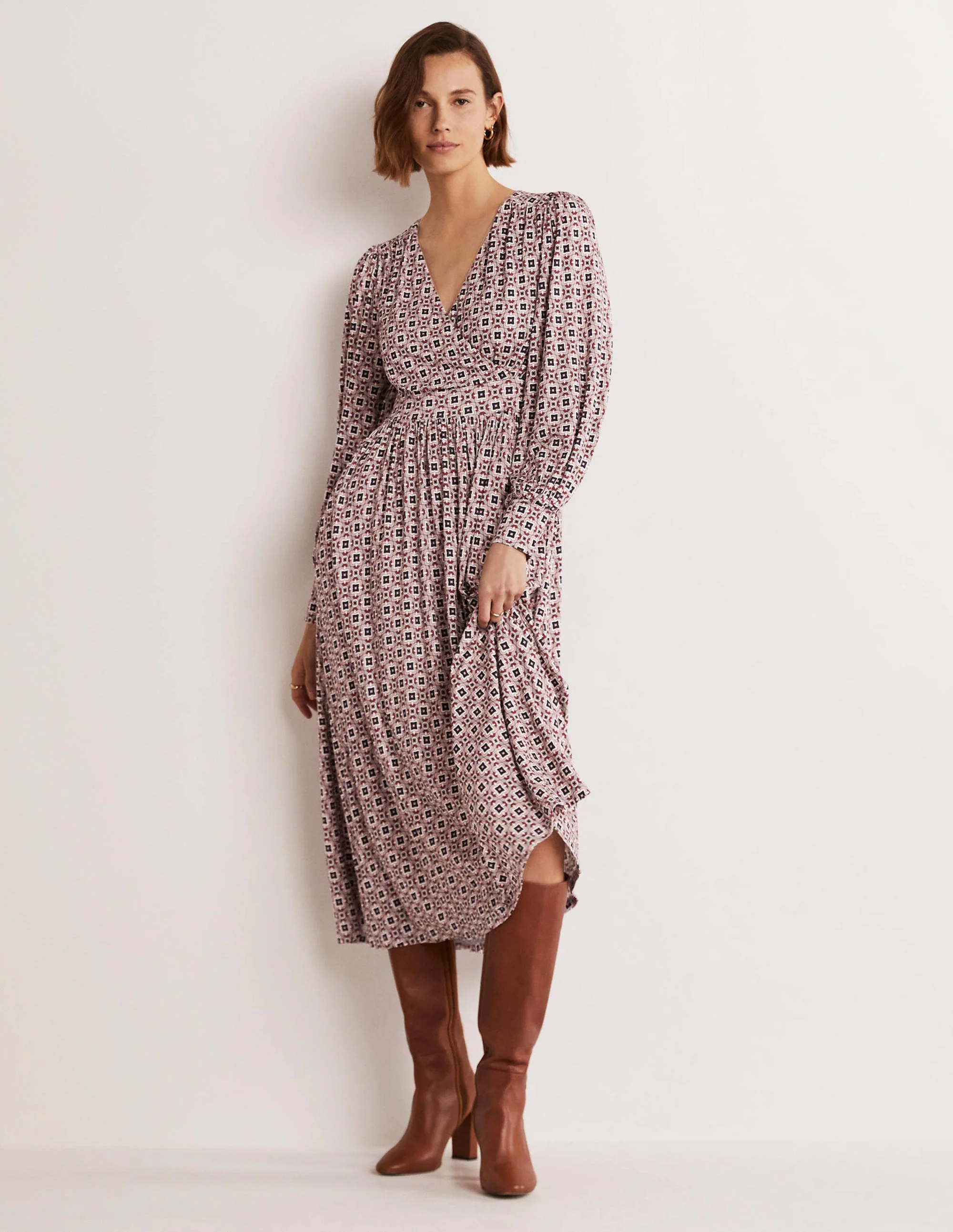 Fixed Wrap Jersey Midi Dress-Almond Pink, Square Geo - Image 6
