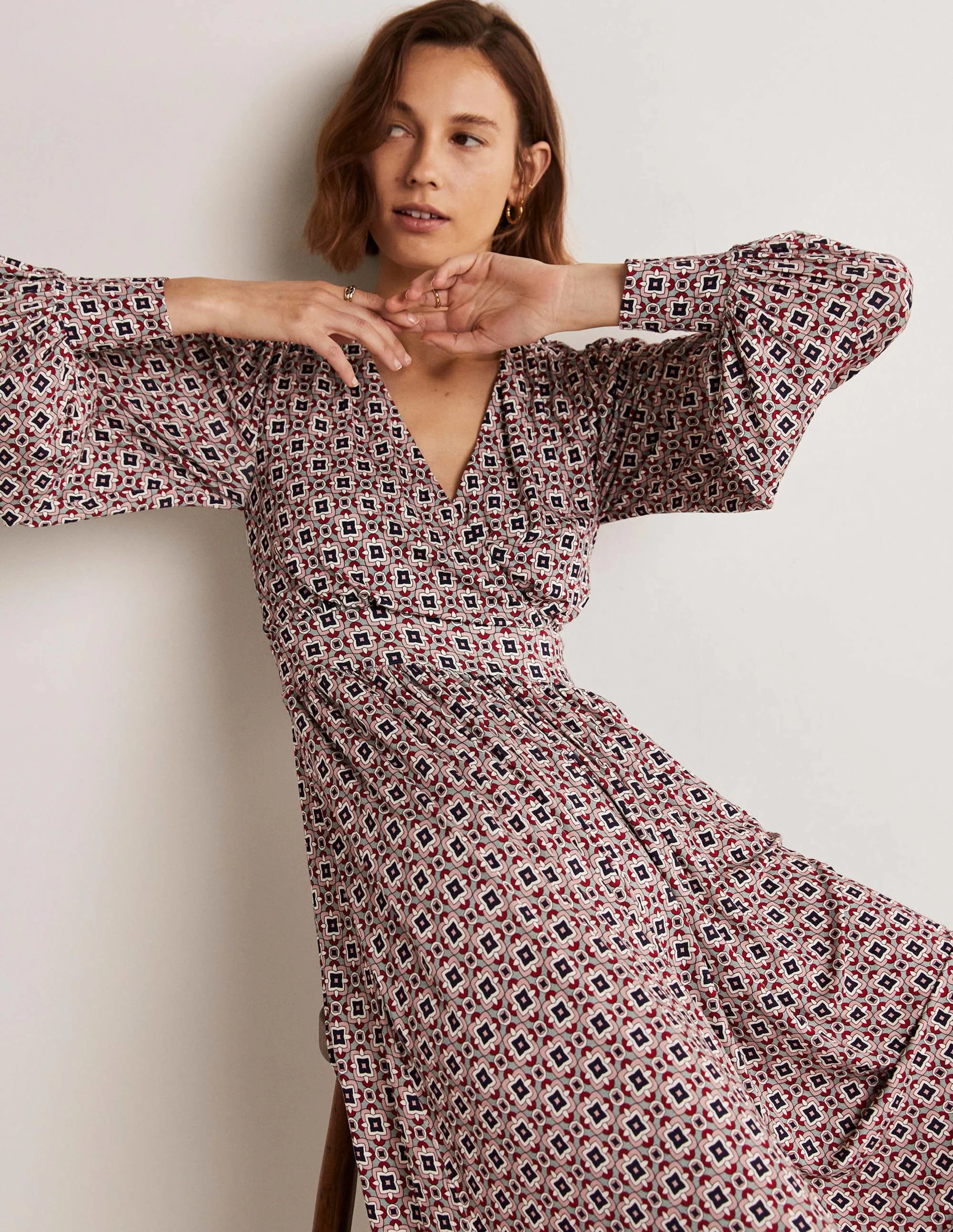 Fixed Wrap Jersey Midi Dress-Almond Pink, Square Geo - Image 9