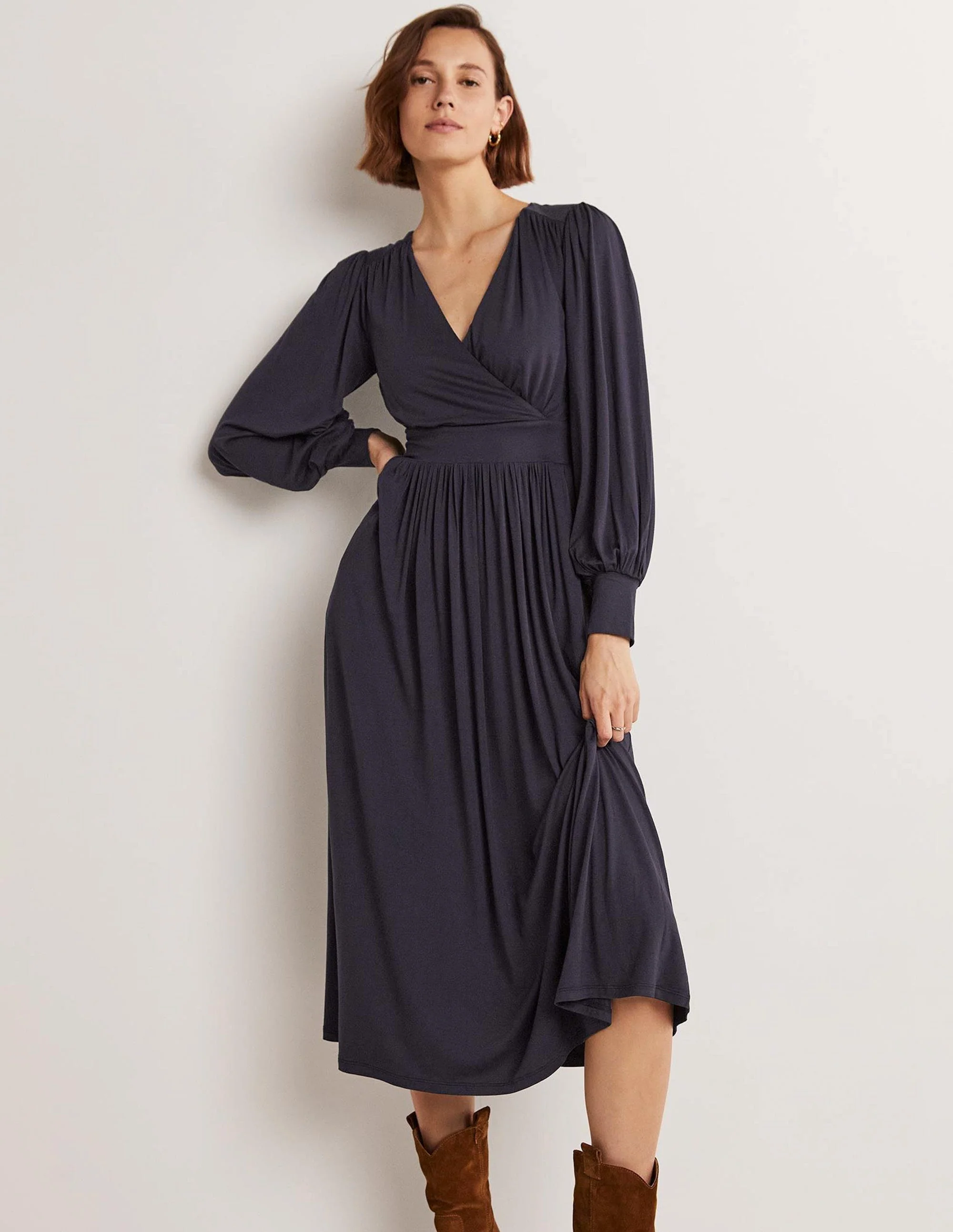 Fixed Wrap Jersey Midi Dress-Navy