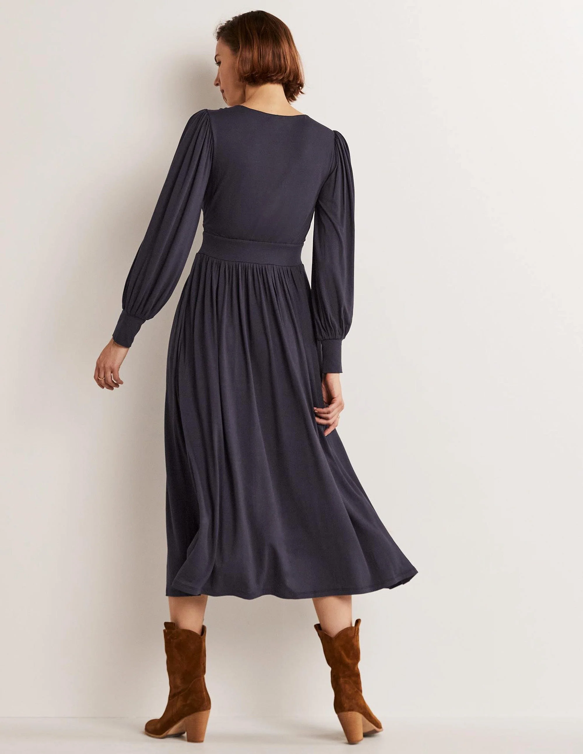 Fixed Wrap Jersey Midi Dress-Navy - Image 3